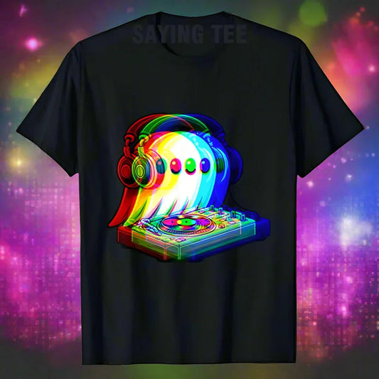 1.Dark Grey - Ghost DJ Optical Illusion T-Shirt – Trippy EDM Rave Halloween Tee for House Music Lovers
