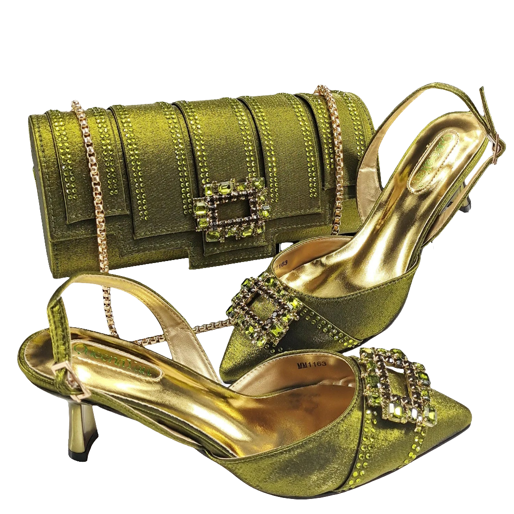 Nigeria Elegant Noble Party Wedding Shoes And Bag Pointed Toe Decorated With Rhinestone Women's Heel Shoes