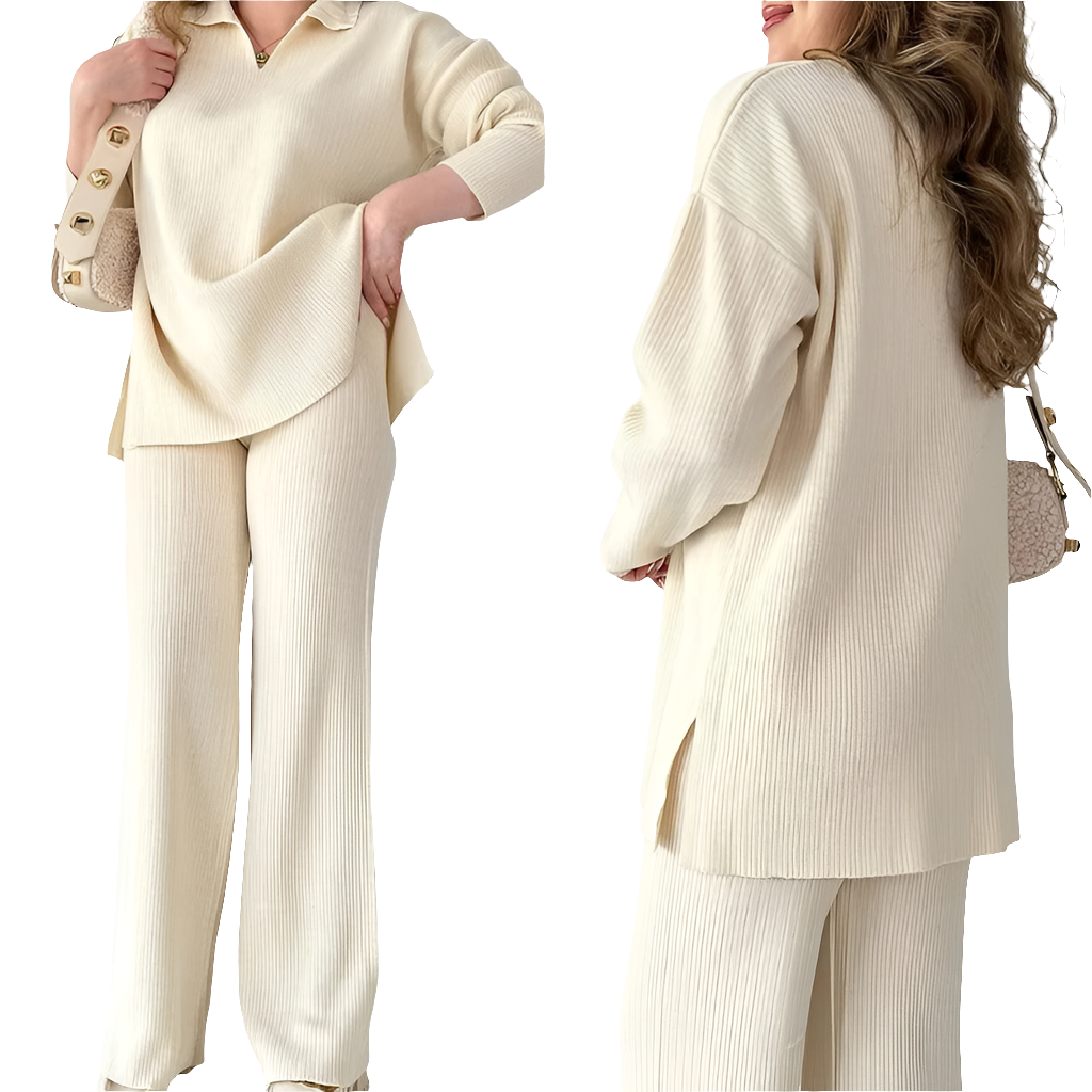 2024 Women's Knitted Pullover Sets 2PCS Solid V Neck Hem Split Loose Top + Set Wide Leg Pants Two Pcs Outfit Female Oversized