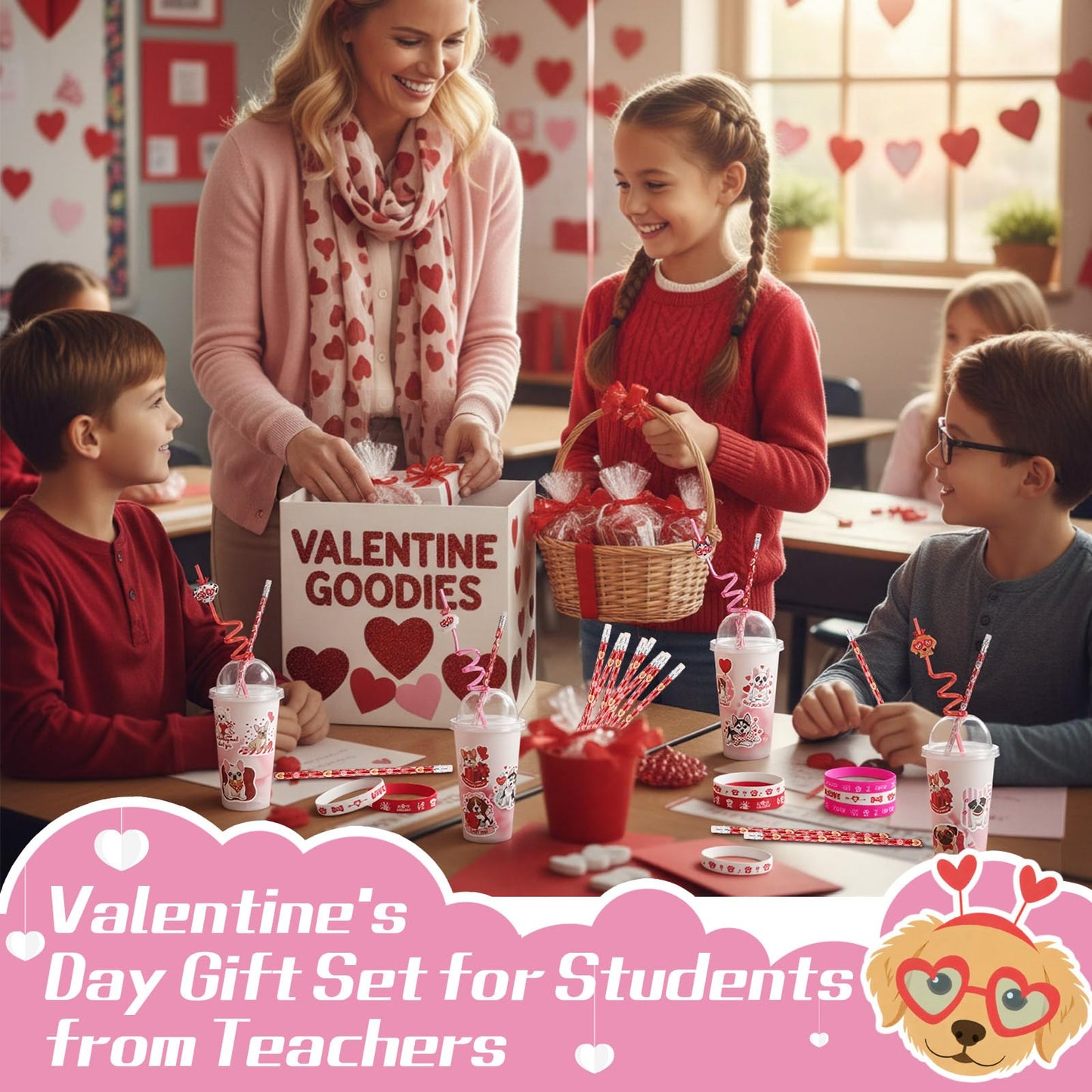 Baderke Valentine Stationery Gift Set – 24-Piece Party Favors with Heart Erasers, Pencils, Silicone Bracelets