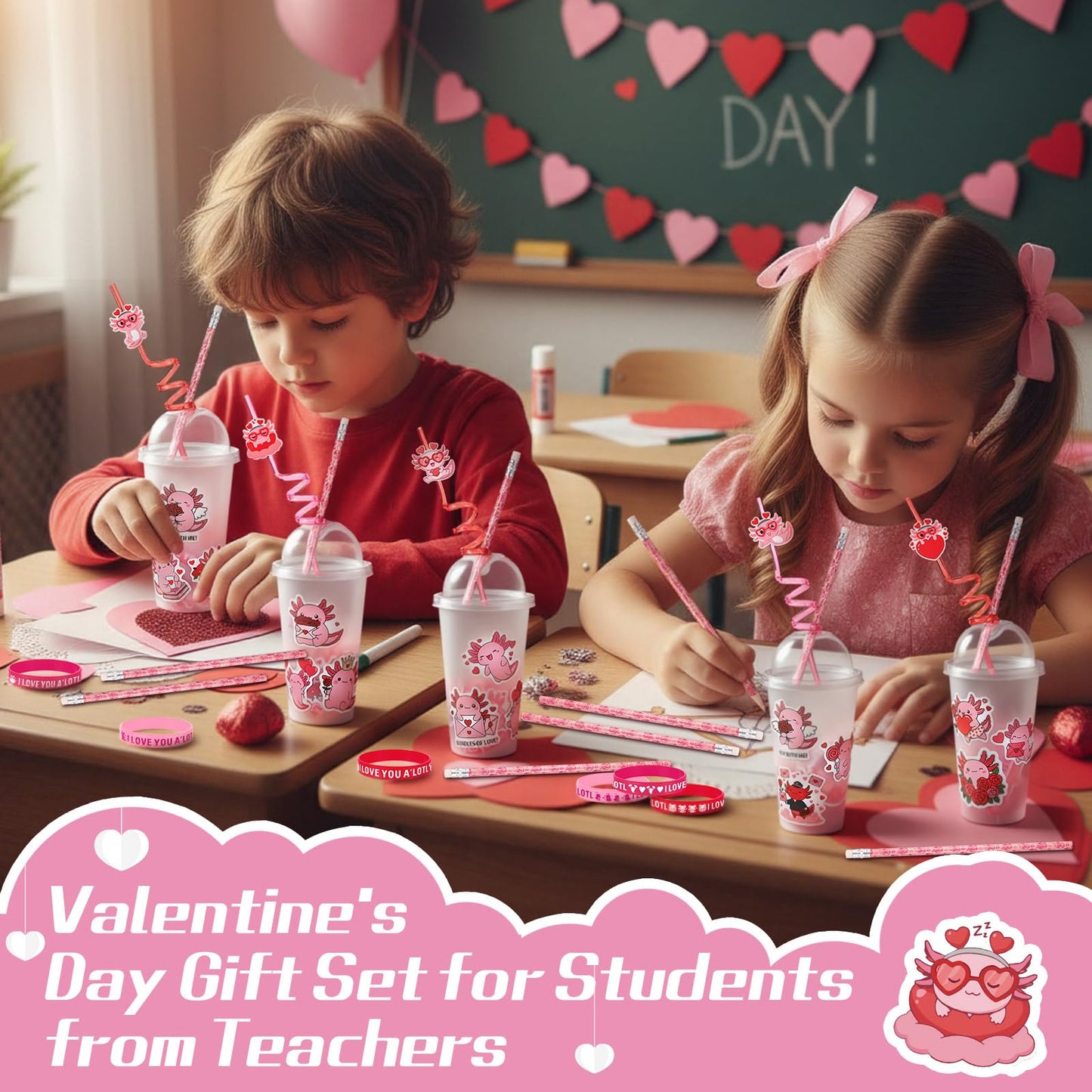 Baderke 194-Pcs Valentines Day Stationery Gift Set – Axolotl Theme