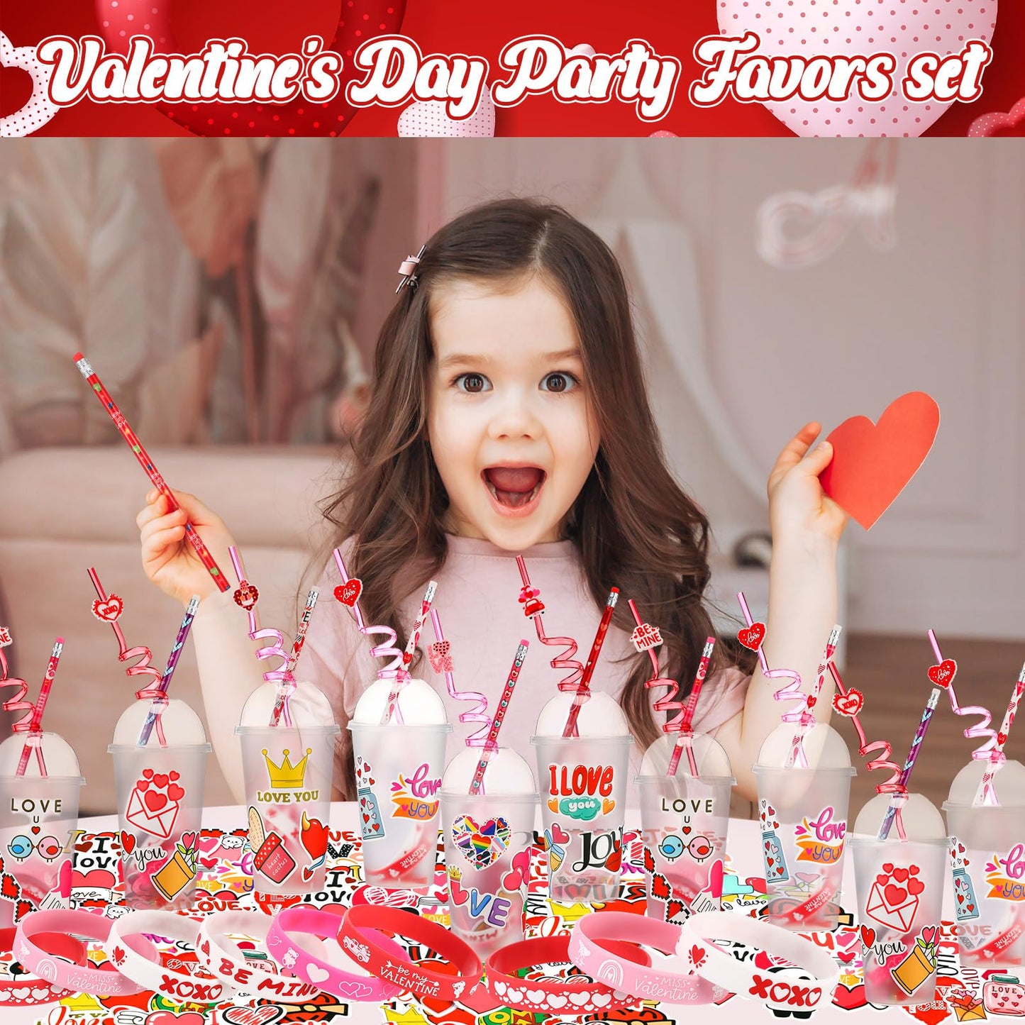 Baderke Valentine’s Day Gift Set – 194 Pcs with Heart Erasers, Cups, Bracelets, Pencils, Straws & Stickers