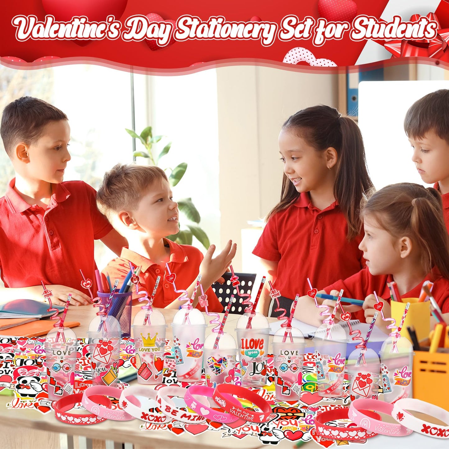 Baderke Valentine’s Day Gift Set – 194 Pcs with Heart Erasers, Cups, Bracelets, Pencils, Straws & Stickers