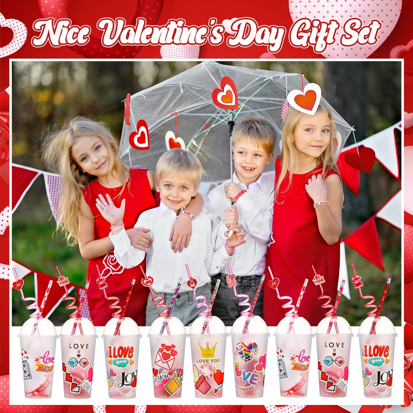 Baderke Valentine’s Day Gift Set – 194 Pcs with Heart Erasers, Cups, Bracelets, Pencils, Straws & Stickers