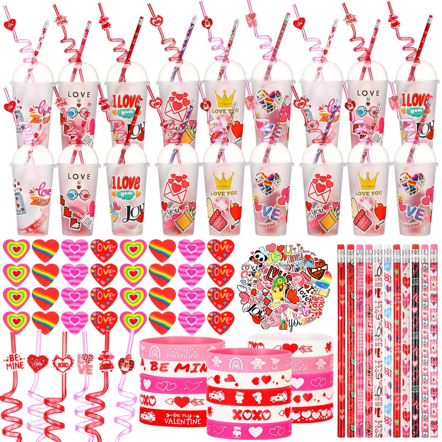 Baderke Valentine’s Day Gift Set – 194 Pcs with Heart Erasers, Cups, Bracelets, Pencils, Straws & Stickers