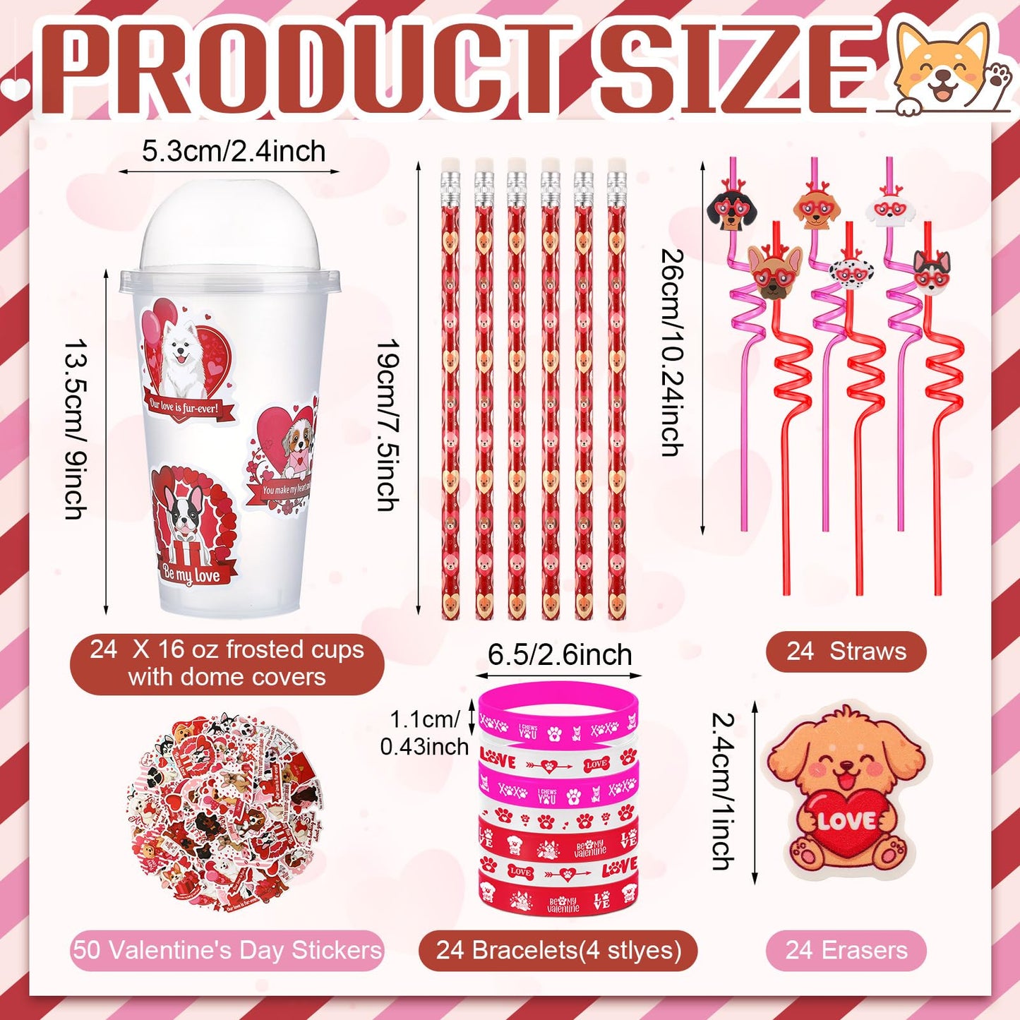 Baderke Valentine Stationery Gift Set – 24-Piece Party Favors with Heart Erasers, Pencils, Silicone Bracelets