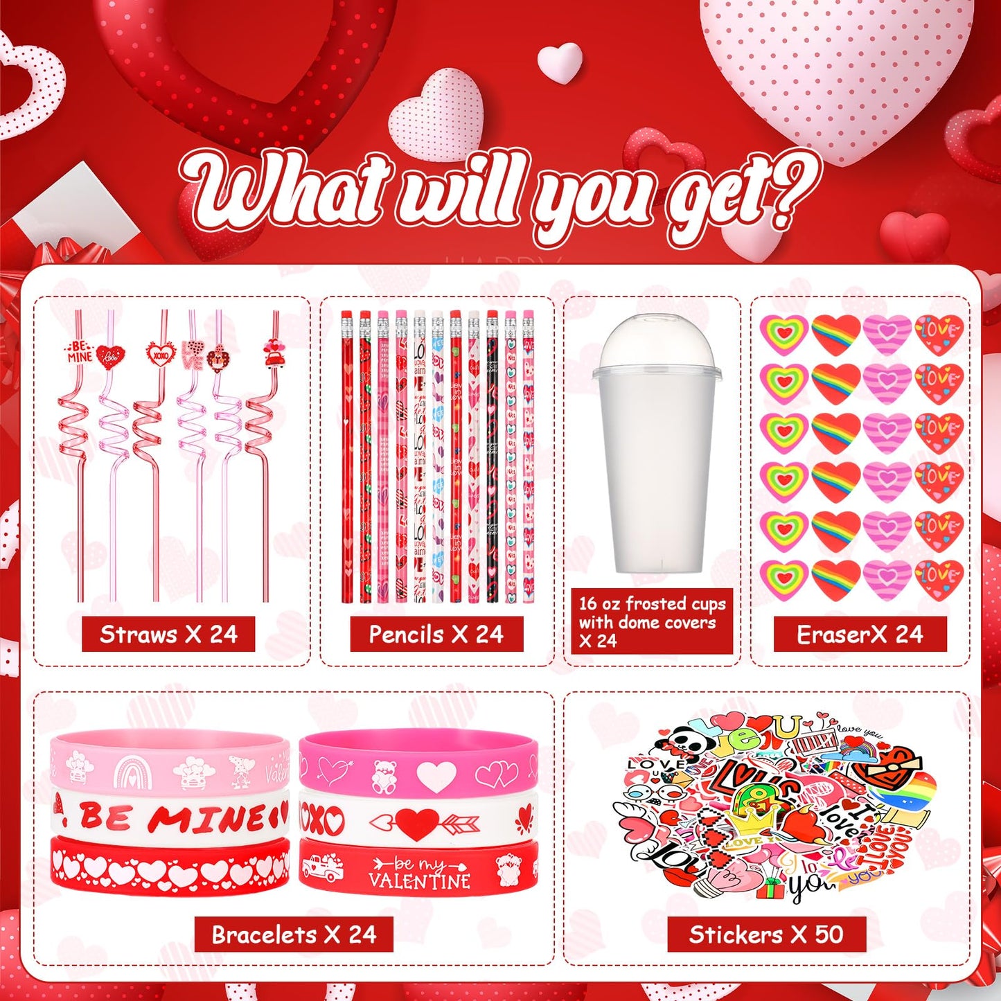 Baderke Valentine’s Day Gift Set – 194 Pcs with Heart Erasers, Cups, Bracelets, Pencils, Straws & Stickers