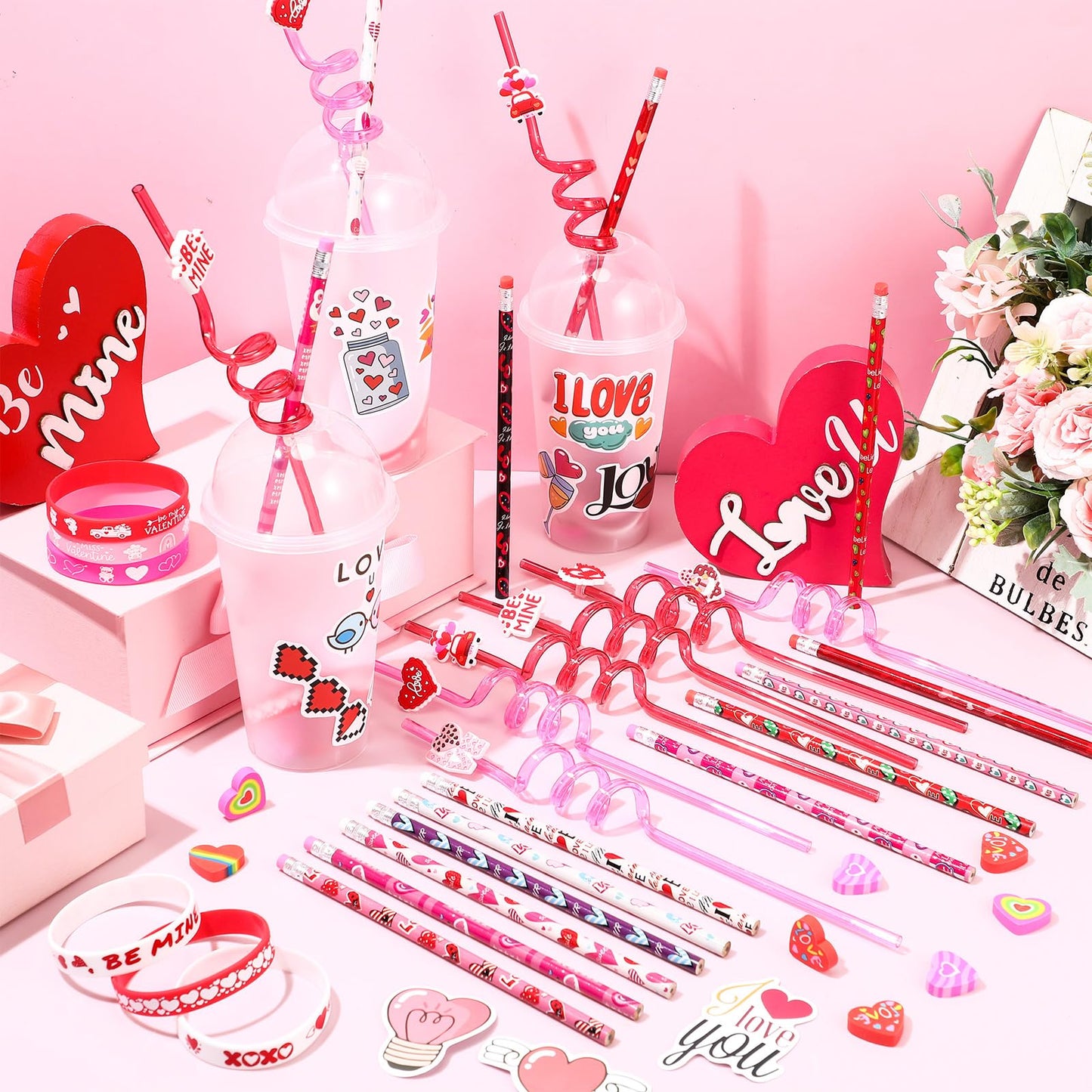 Baderke Valentine’s Day Gift Set – 194 Pcs with Heart Erasers, Cups, Bracelets, Pencils, Straws & Stickers