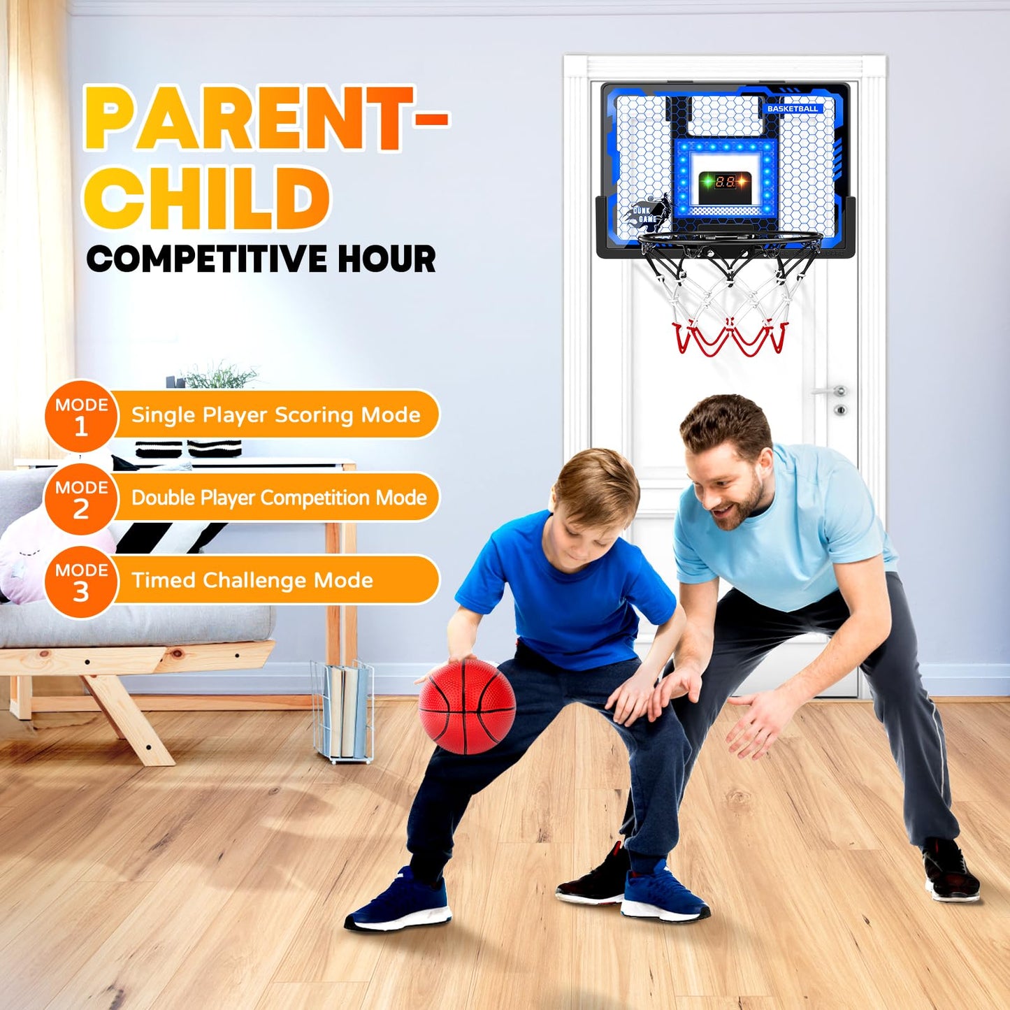 BADGOAL Indoor Basketball Hoop Pro for Kids – Over-The-Door with LED Light & Scoreboard (Blue)