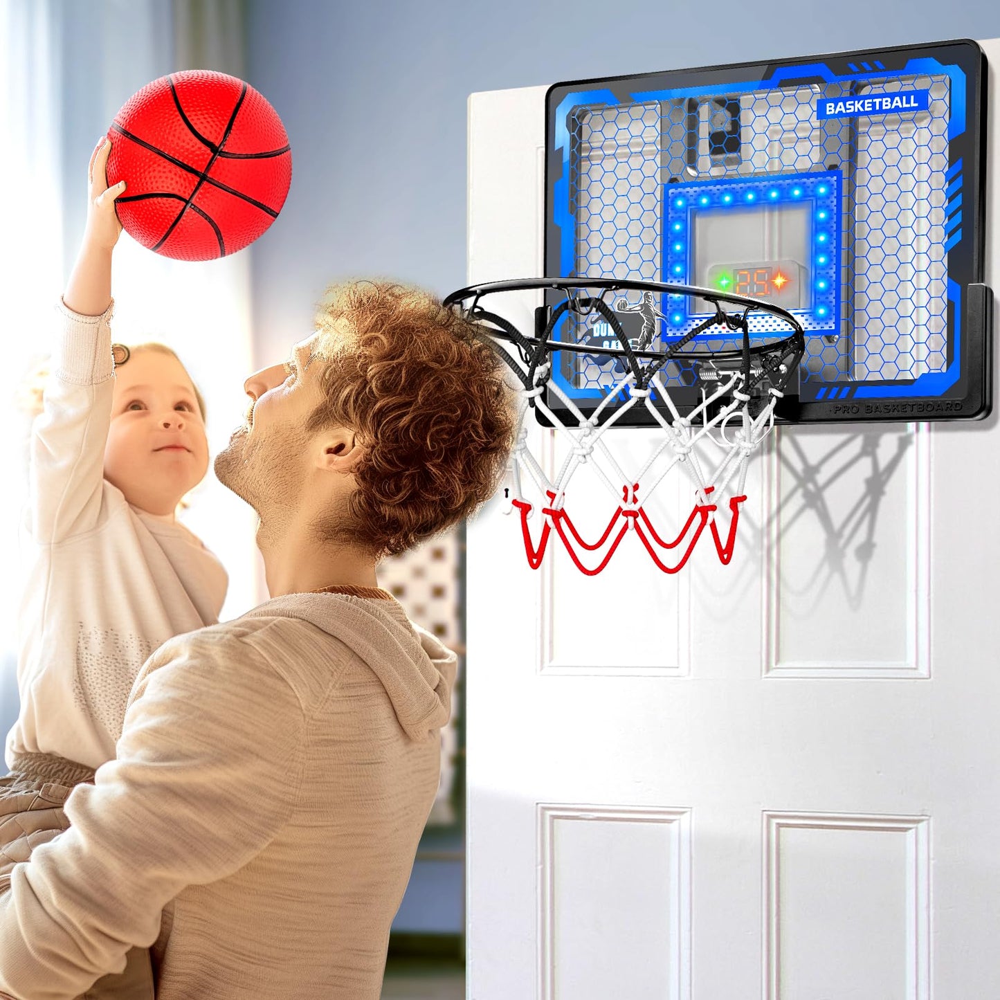 BADGOAL Indoor Basketball Hoop Pro for Kids – Over-The-Door with LED Light & Scoreboard (Blue)
