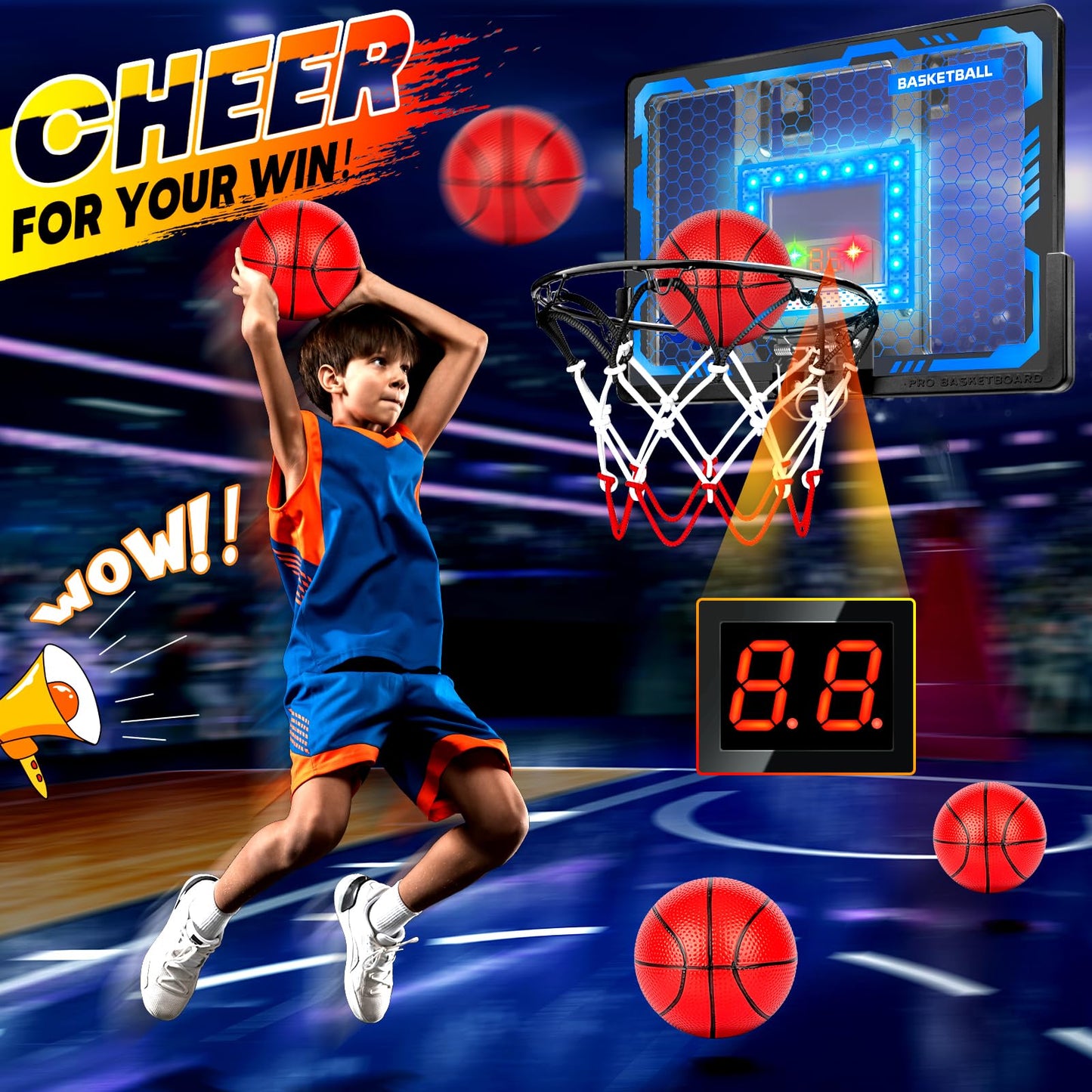 BADGOAL Indoor Basketball Hoop Pro for Kids – Over-The-Door with LED Light & Scoreboard (Blue)