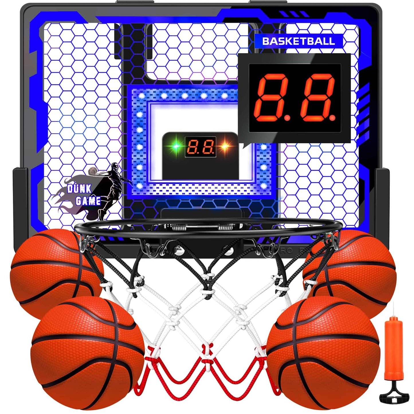 BADGOAL Indoor Basketball Hoop Pro for Kids – Over-The-Door with LED Light & Scoreboard (Blue)