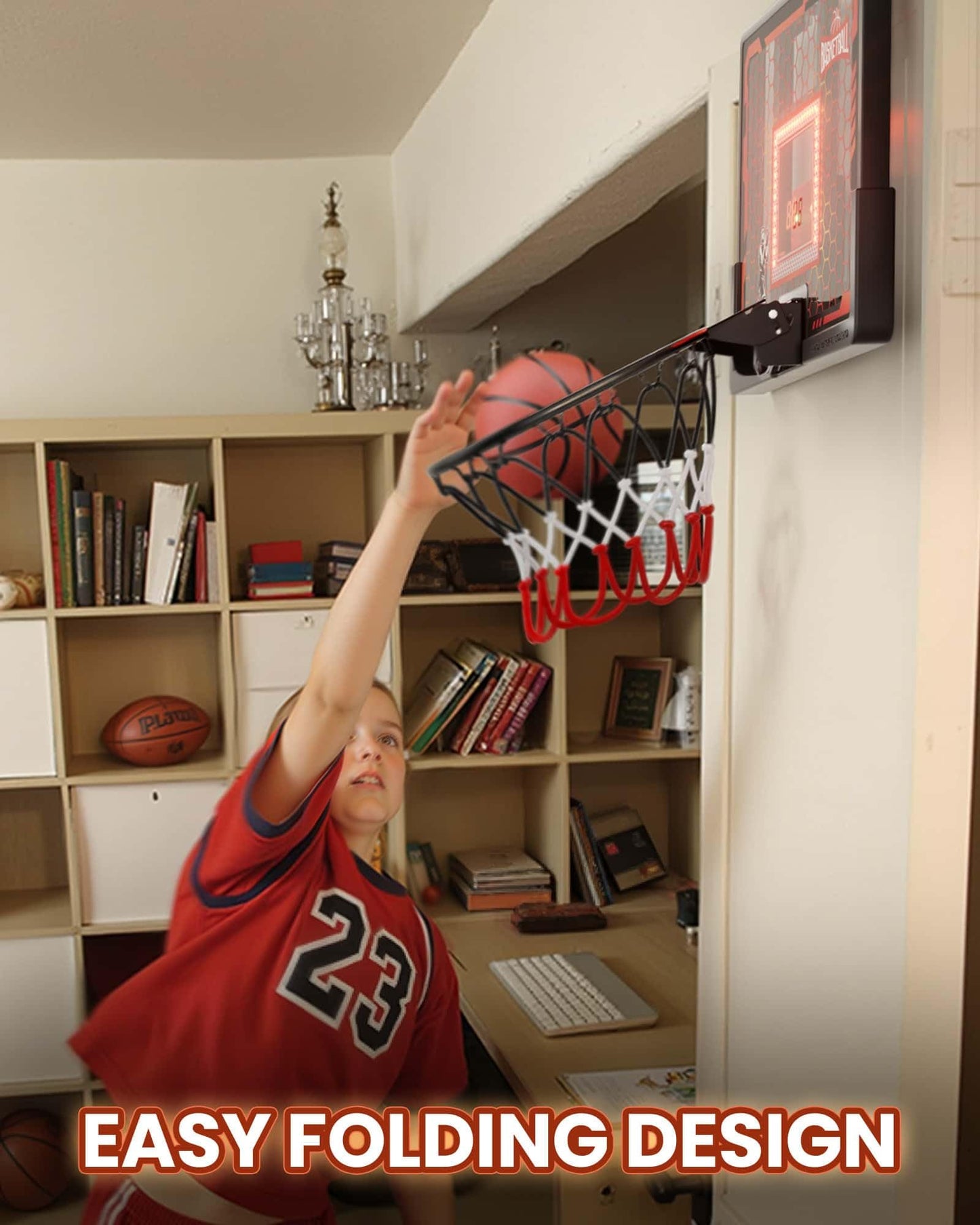 BADGOAL Indoor Basketball Hoop Pro for Kids – Over-the-Door with LED Scoreboard and 4 Balls