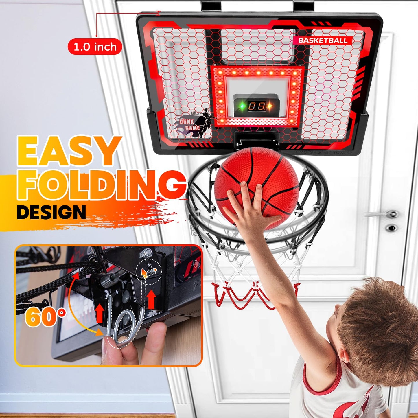 BADGOAL Indoor Basketball Hoop Pro for Kids – Over-the-Door with LED Scoreboard and 4 Balls