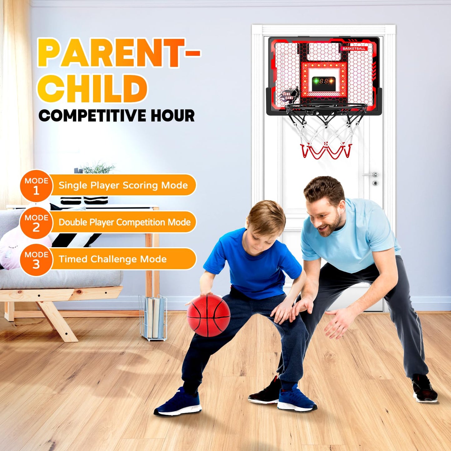 BADGOAL Indoor Basketball Hoop Pro for Kids – Over-the-Door with LED Scoreboard and 4 Balls