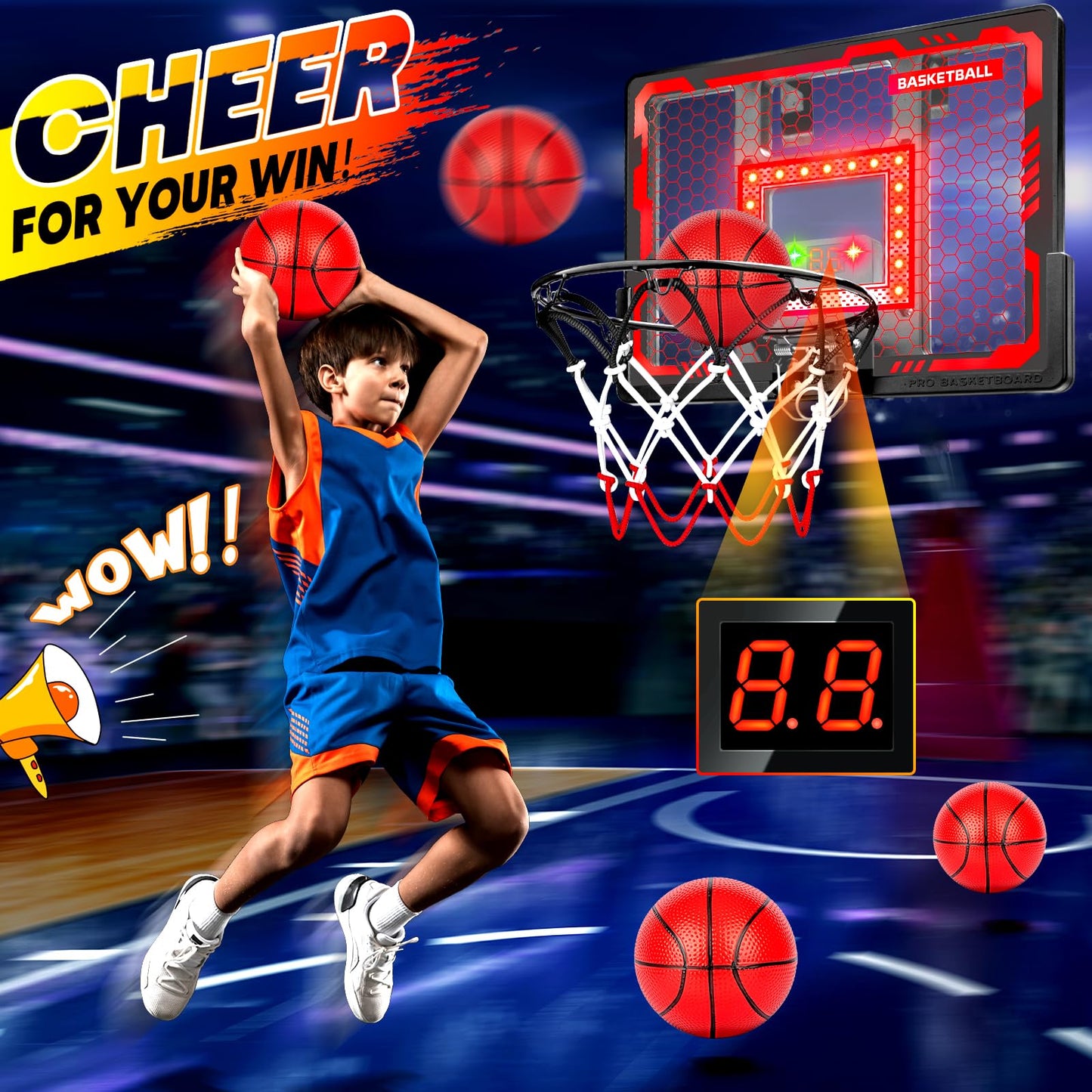 BADGOAL Indoor Basketball Hoop Pro for Kids – Over-the-Door with LED Scoreboard and 4 Balls
