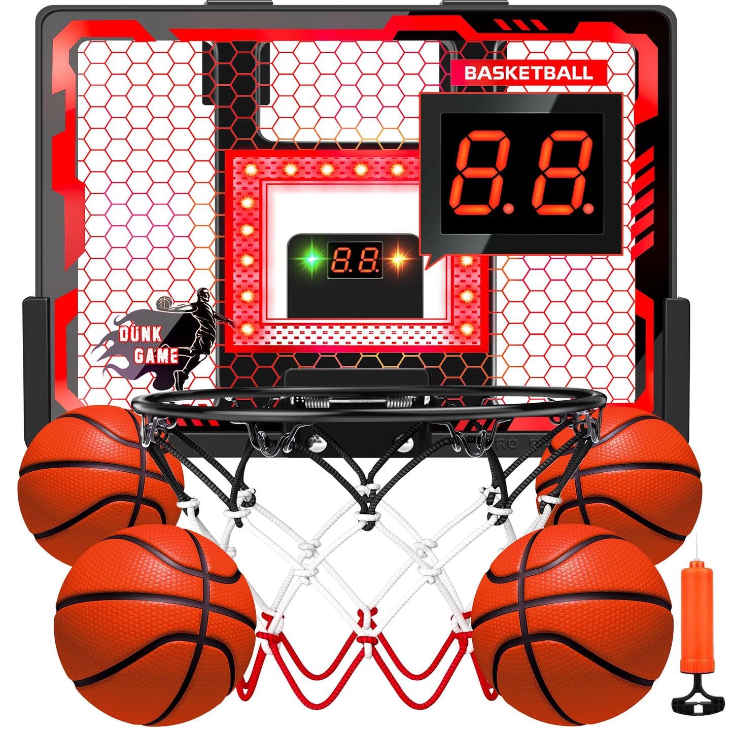 BADGOAL Indoor Basketball Hoop Pro for Kids – Over-the-Door with LED Scoreboard and 4 Balls