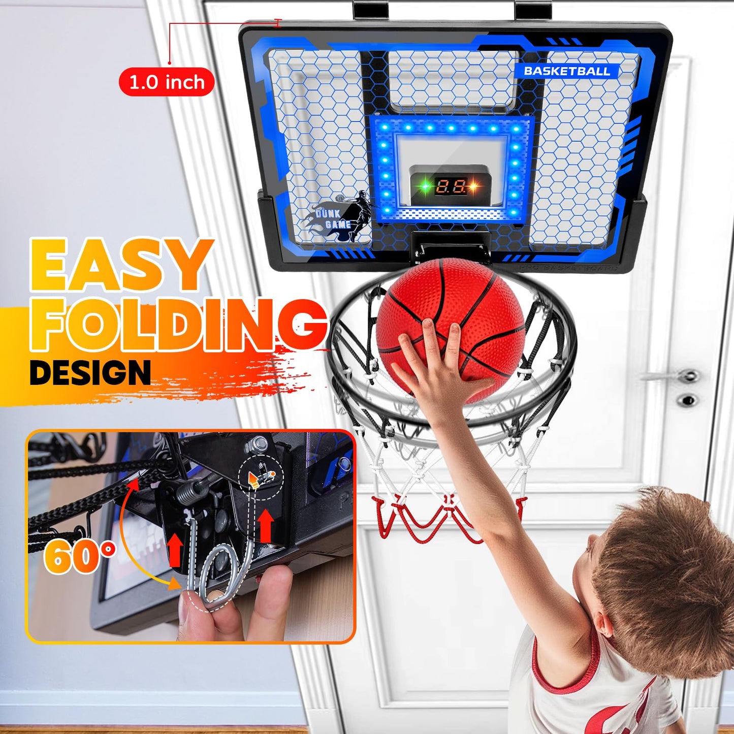 BADGOAL Indoor Basketball Hoop Pro for Kids – Over-The-Door with LED Light & Scoreboard (Blue)