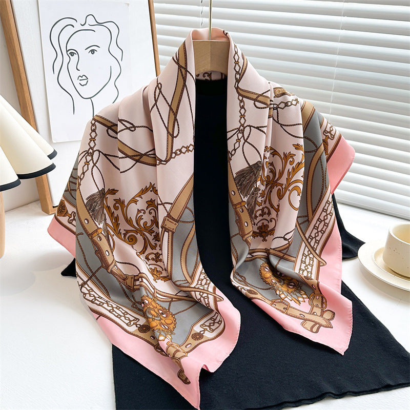 Women's Premium Twill Silk Scarf, Large Printed 90/90cm Striped Square Scarf