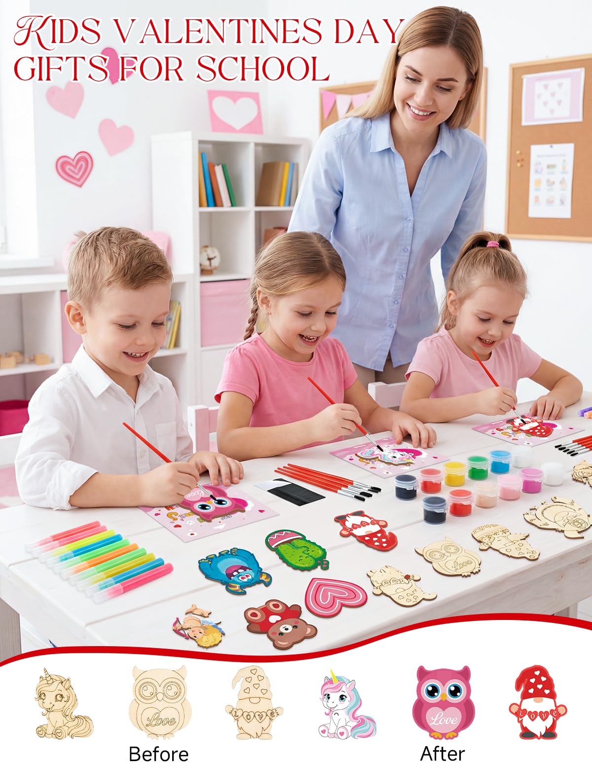 Bafeil 28-Piece Valentine Wood Crafts Kit for Classroom – Non-Toxic & Glow Pen