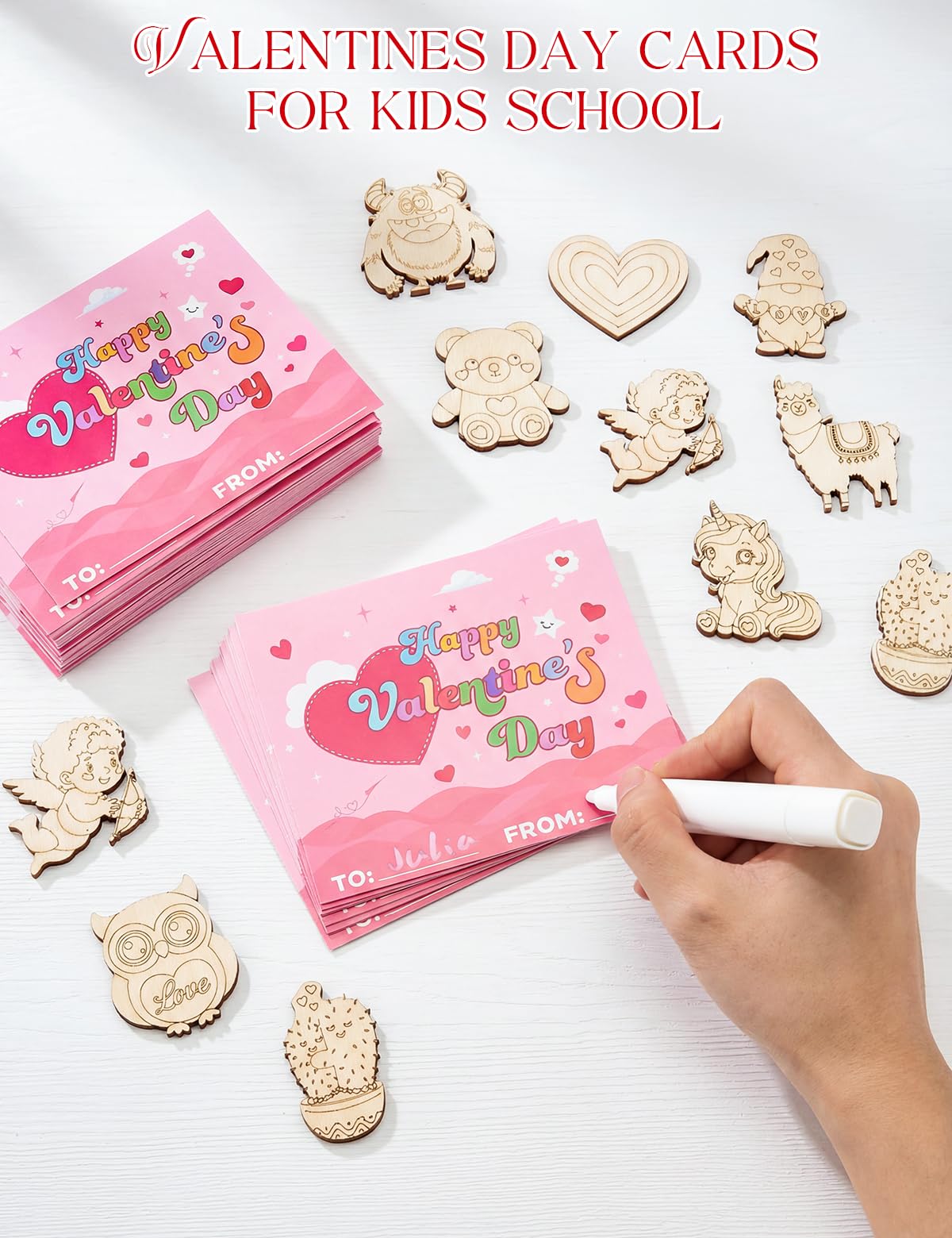 Bafeil 28-Piece Valentine Wood Crafts Kit for Classroom – Non-Toxic & Glow Pen