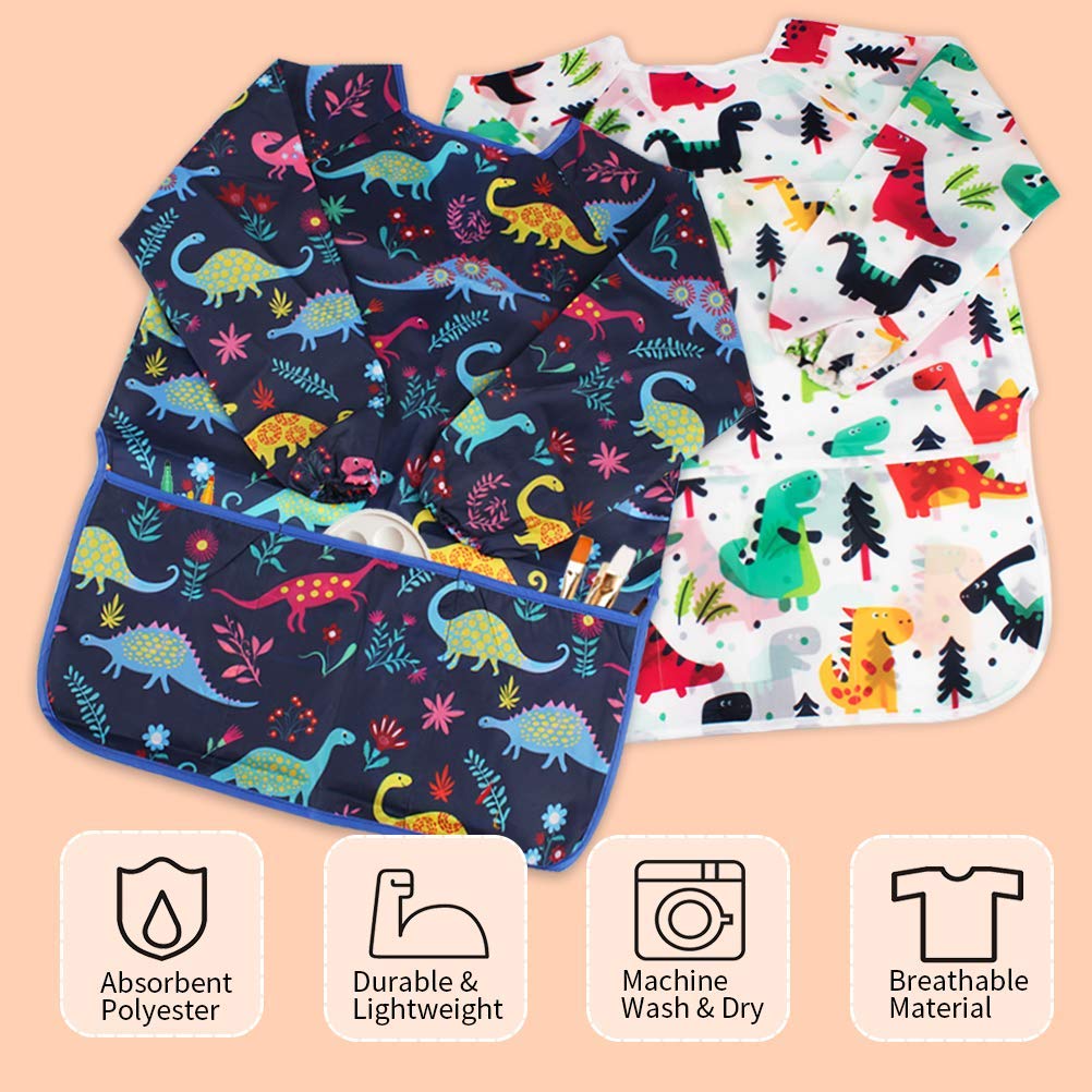 BAHABY Kids Art Smocks 2 Pack – Dinosaur Painting Apron, Waterproof Long Sleeve with 3 Pockets (Ages 3–8)