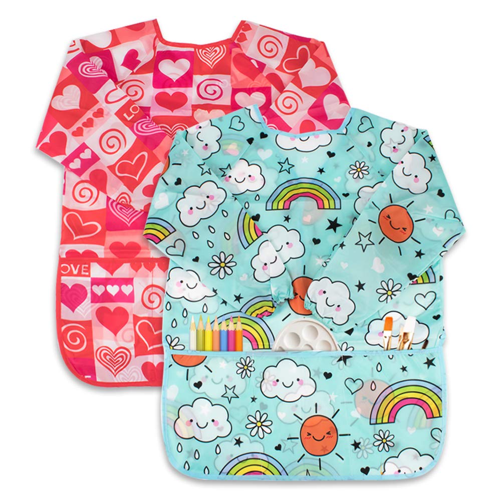 BAHABY 2 Pack Kids Art Smock - Waterproof Painting Apron with Long Sleeves & 3 Pockets (Ages 3-8)