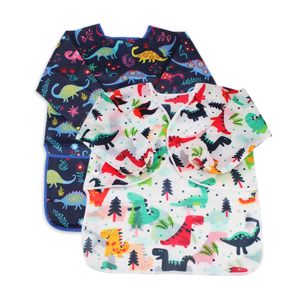 BAHABY Kids Art Smocks 2 Pack – Dinosaur Painting Apron, Waterproof Long Sleeve with 3 Pockets (Ages 3–8)