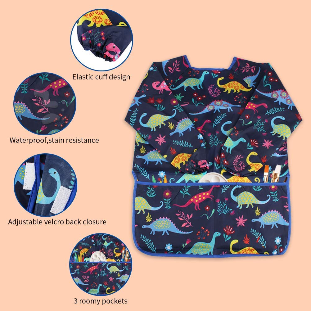 BAHABY Kids Art Smocks 2 Pack – Dinosaur Painting Apron, Waterproof Long Sleeve with 3 Pockets (Ages 3–8)