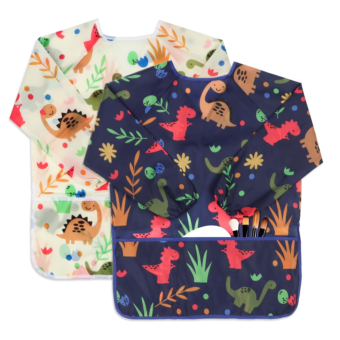 BAHABY Kids Art Smocks 2 Pack – Dinosaur Painting Aprons, Waterproof, Long Sleeve (Ages 3-8)