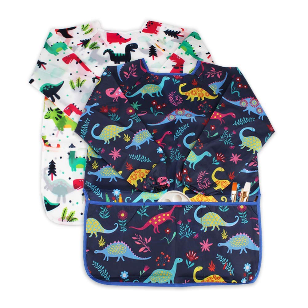 BAHABY Kids Art Smocks 2 Pack – Dinosaur Painting Apron, Waterproof Long Sleeve with 3 Pockets (Ages 3–8)