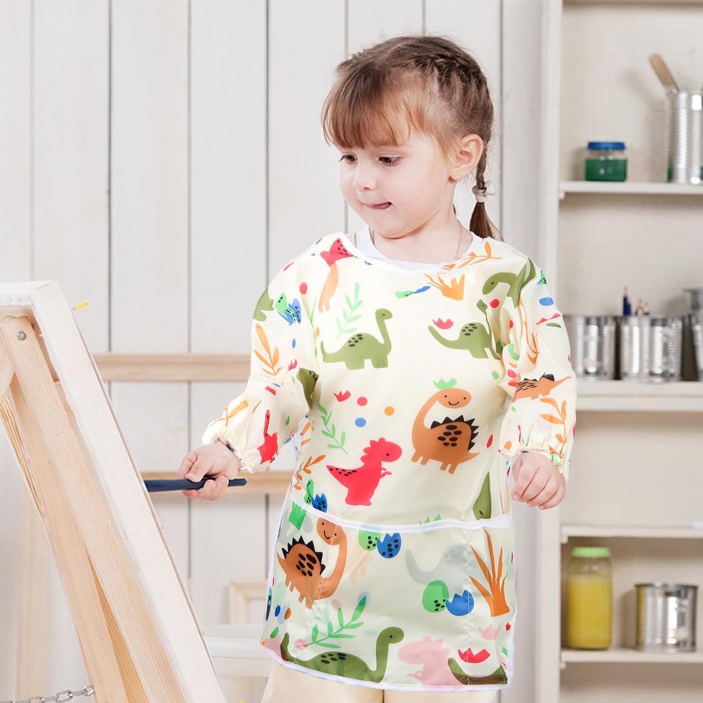 BAHABY Kids Art Smocks 2 Pack – Dinosaur Painting Aprons, Waterproof, Long Sleeve (Ages 3-8)