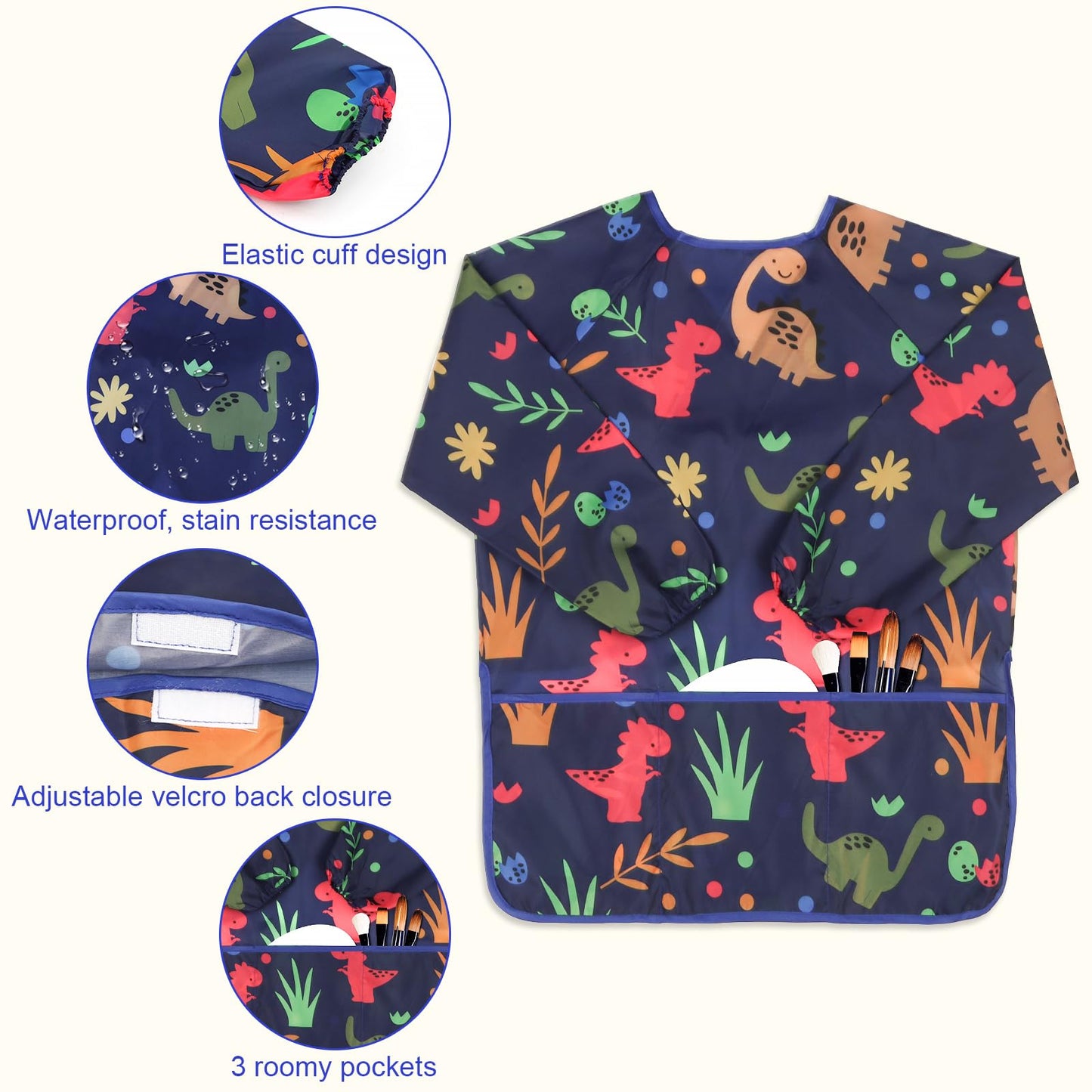 BAHABY Kids Art Smocks 2 Pack – Dinosaur Painting Aprons, Waterproof, Long Sleeve (Ages 3-8)