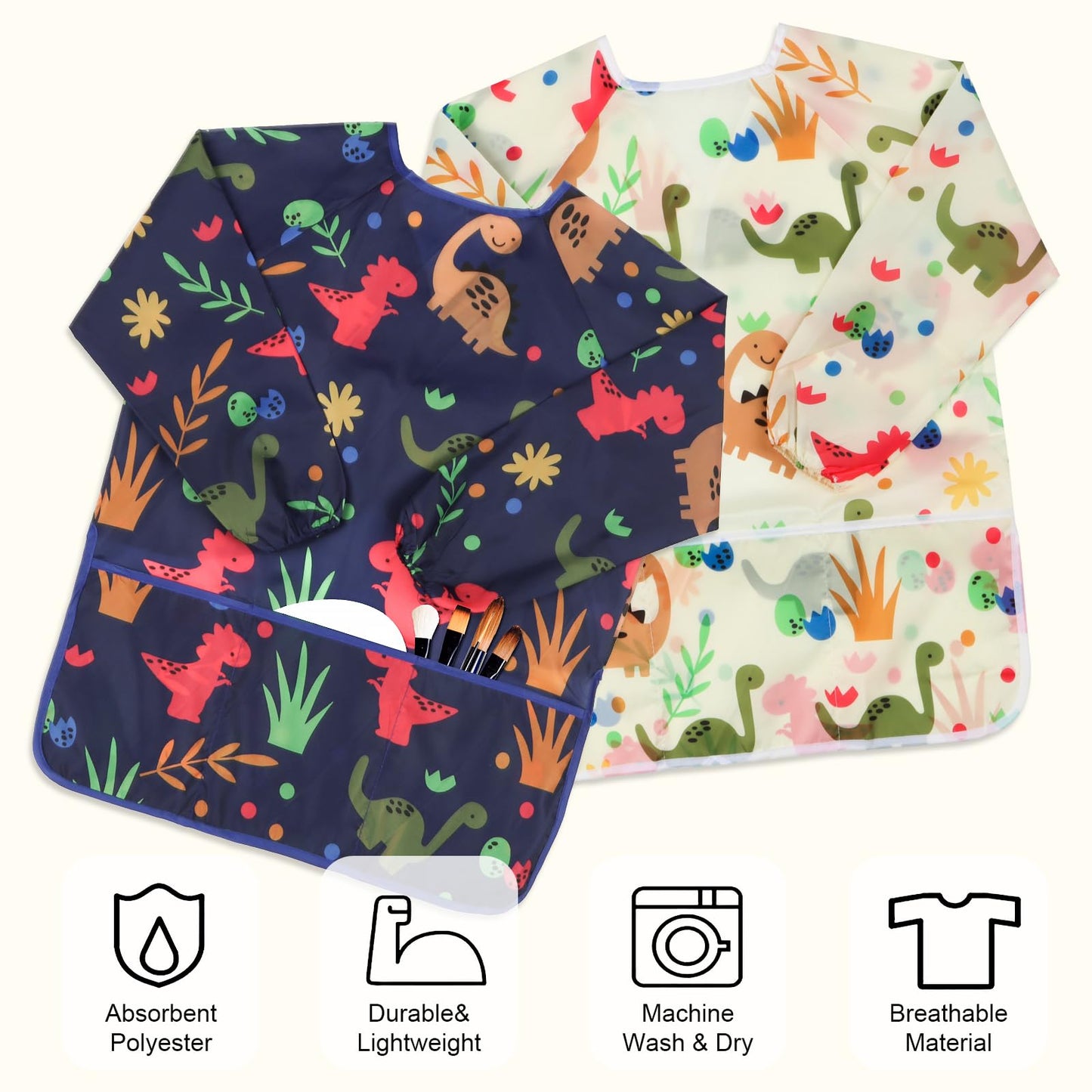 BAHABY Kids Art Smocks 2 Pack – Dinosaur Painting Aprons, Waterproof, Long Sleeve (Ages 3-8)