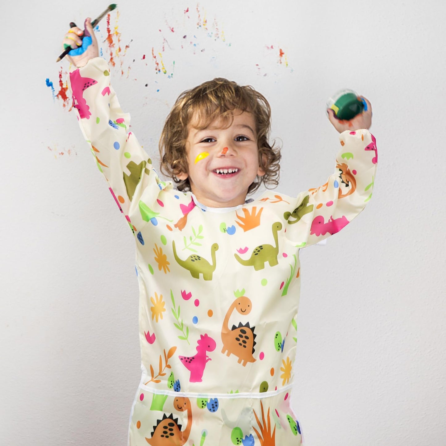 BAHABY Kids Art Smocks 2 Pack – Dinosaur Painting Aprons, Waterproof, Long Sleeve (Ages 3-8)