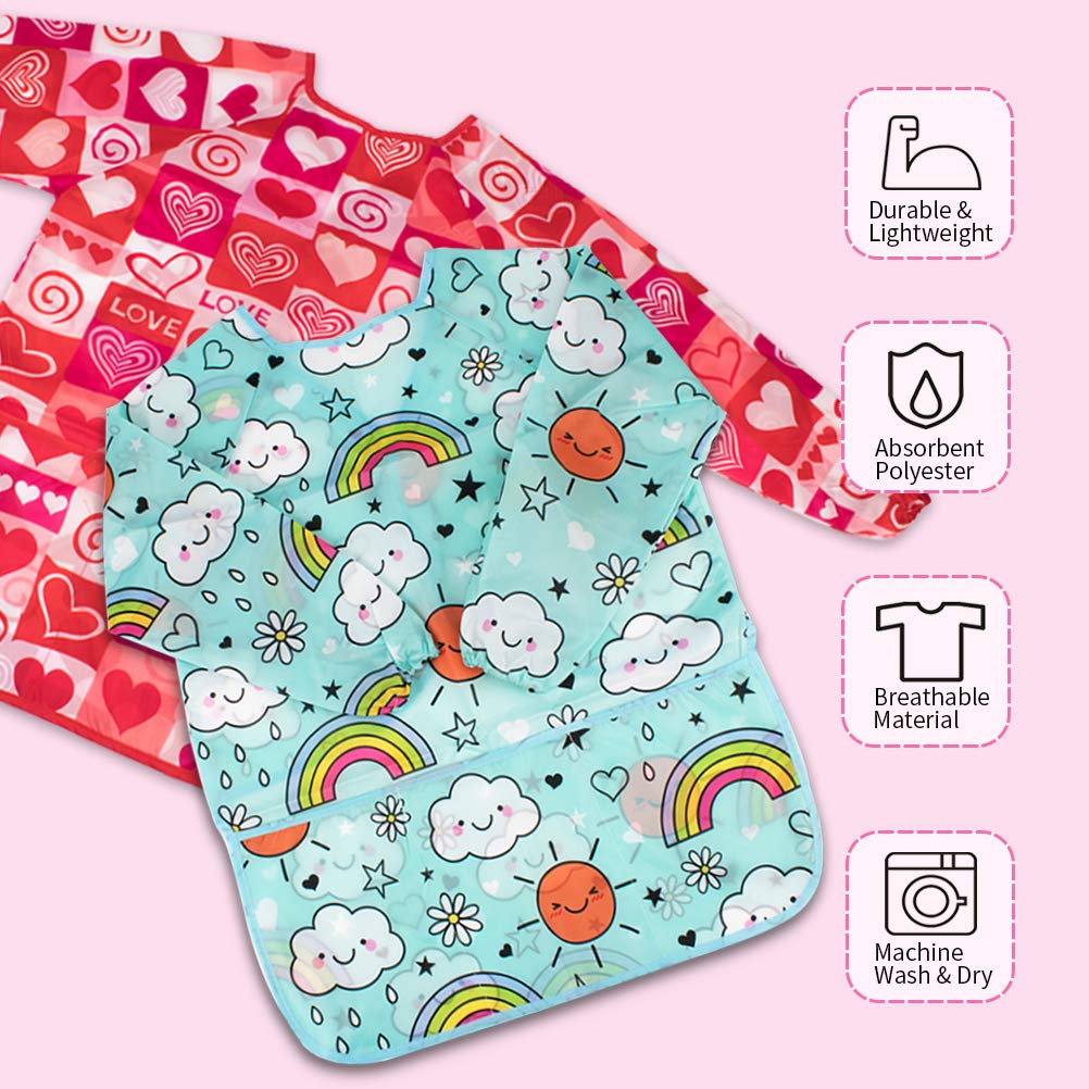 BAHABY 2 Pack Kids Art Smock - Waterproof Painting Apron with Long Sleeves & 3 Pockets (Ages 3-8)