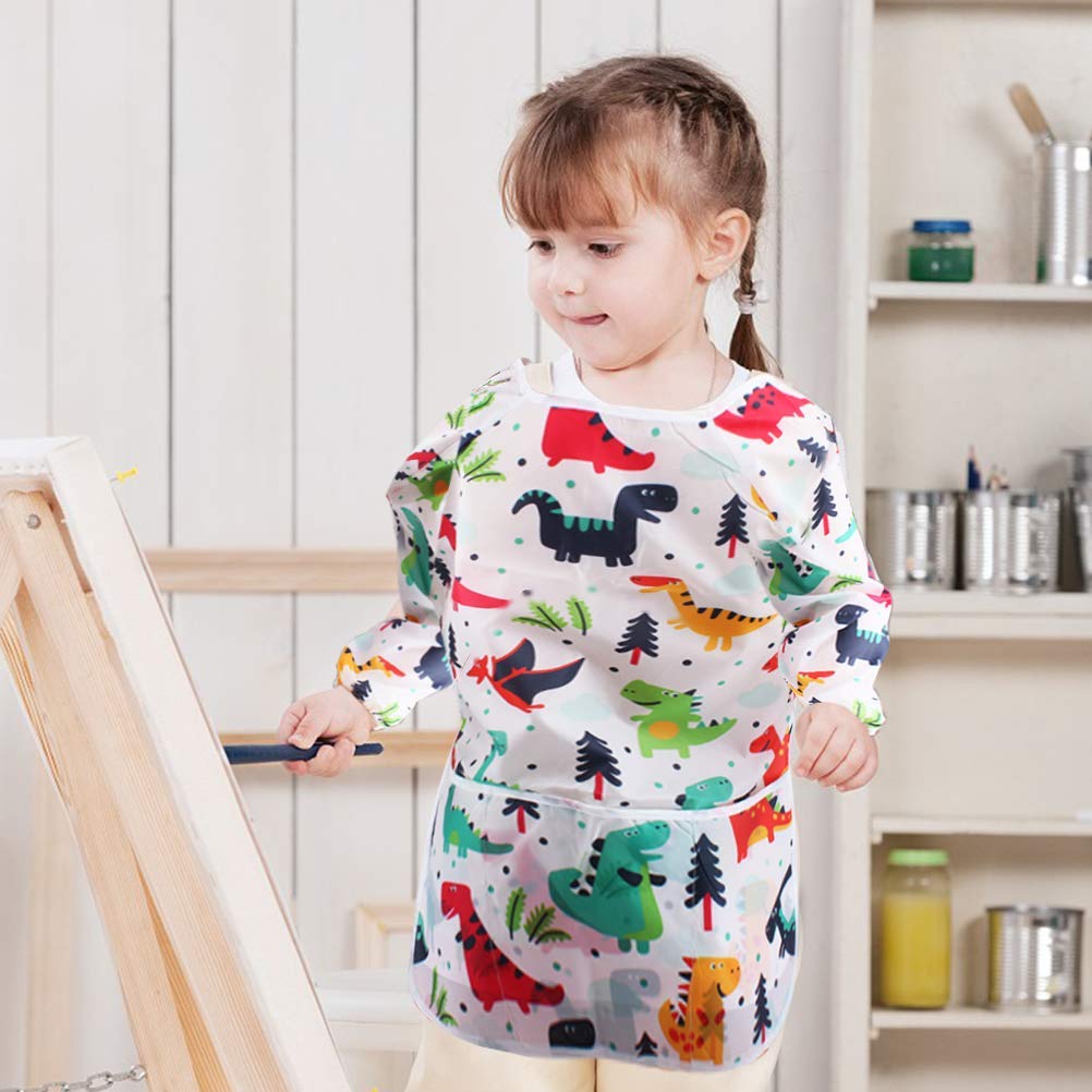 BAHABY Kids Art Smocks 2 Pack – Dinosaur Painting Apron, Waterproof Long Sleeve with 3 Pockets (Ages 3–8)