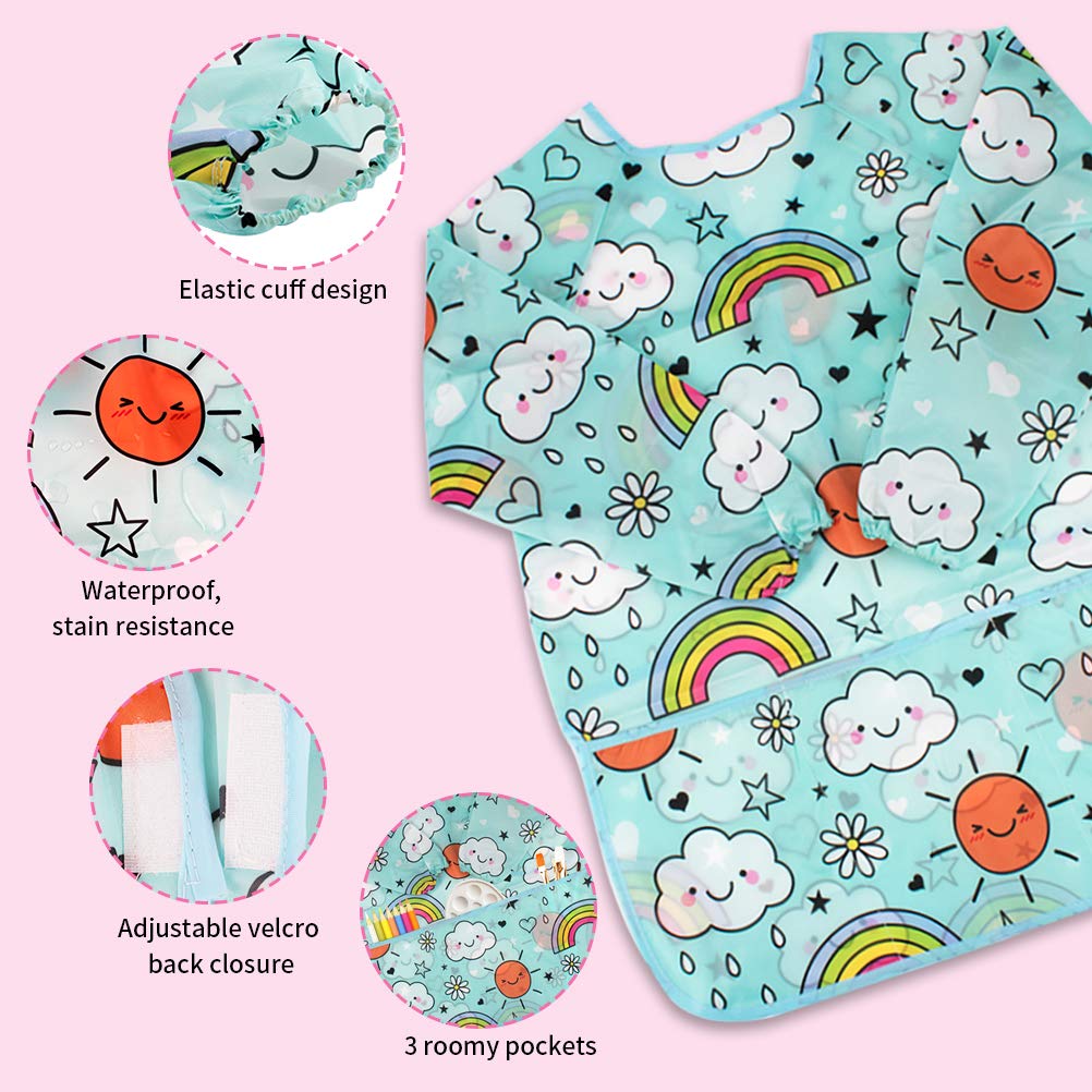 BAHABY 2 Pack Kids Art Smock - Waterproof Painting Apron with Long Sleeves & 3 Pockets (Ages 3-8)
