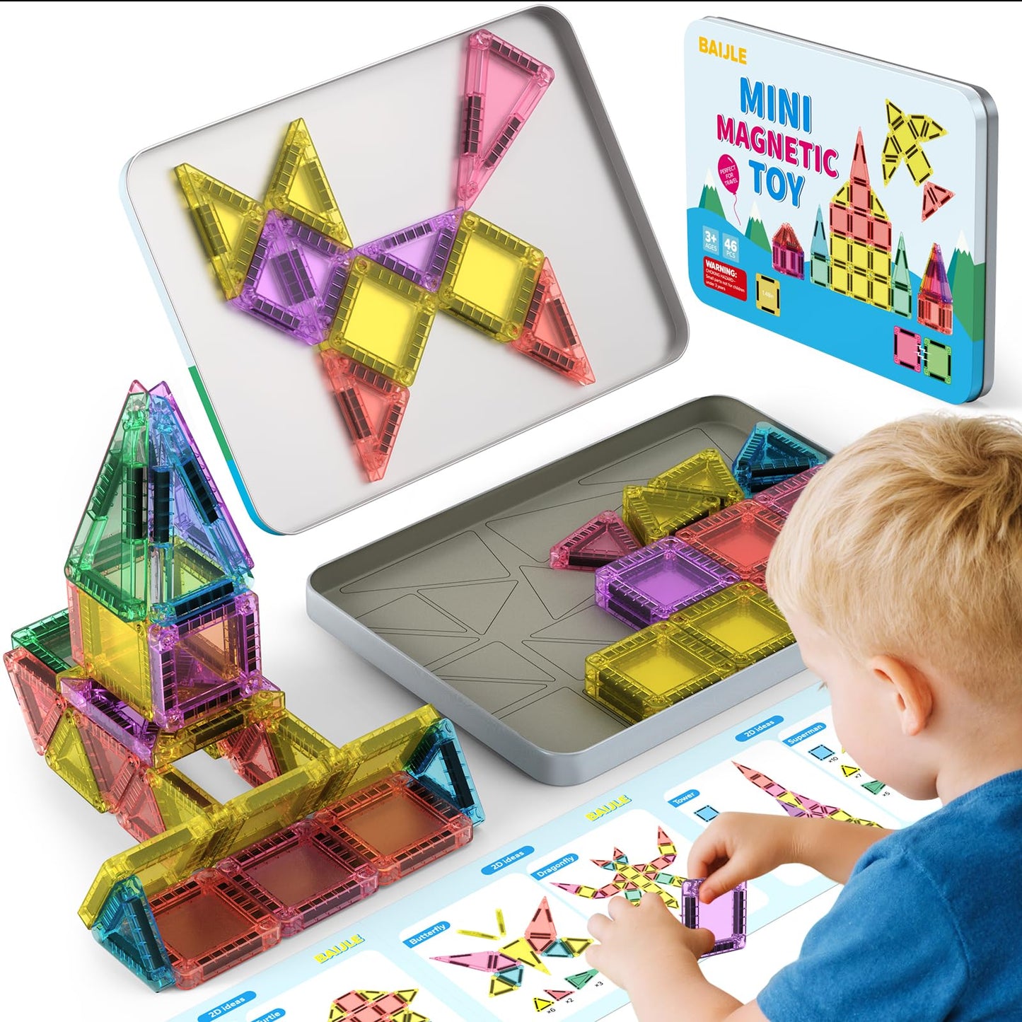 BAIJLE 46PCS Mini Magnetic Tiles – Portable Travel Set for Kids Aged 4-8 | Creative Building Toys