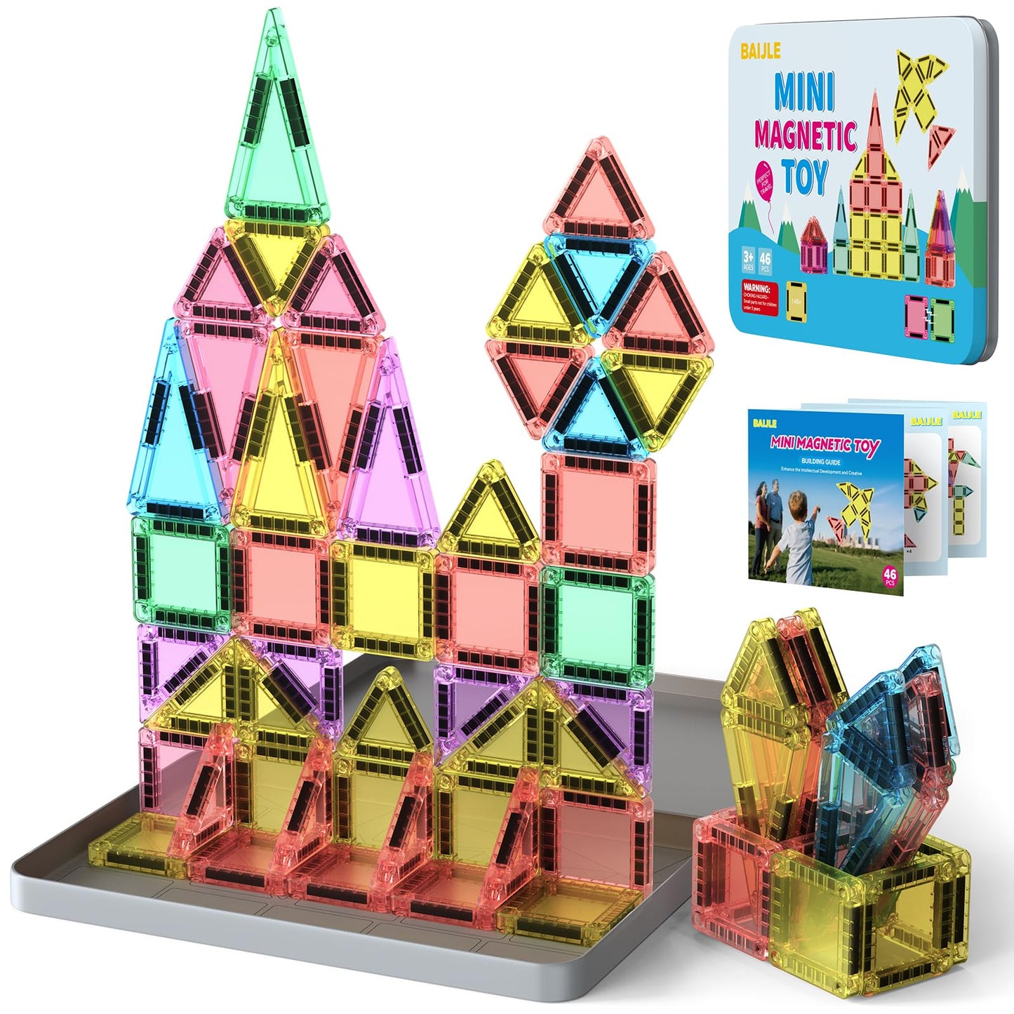 BAIJLE 46PCS Mini Magnetic Tiles – Portable Travel Set for Kids Aged 4-8 | Creative Building Toys