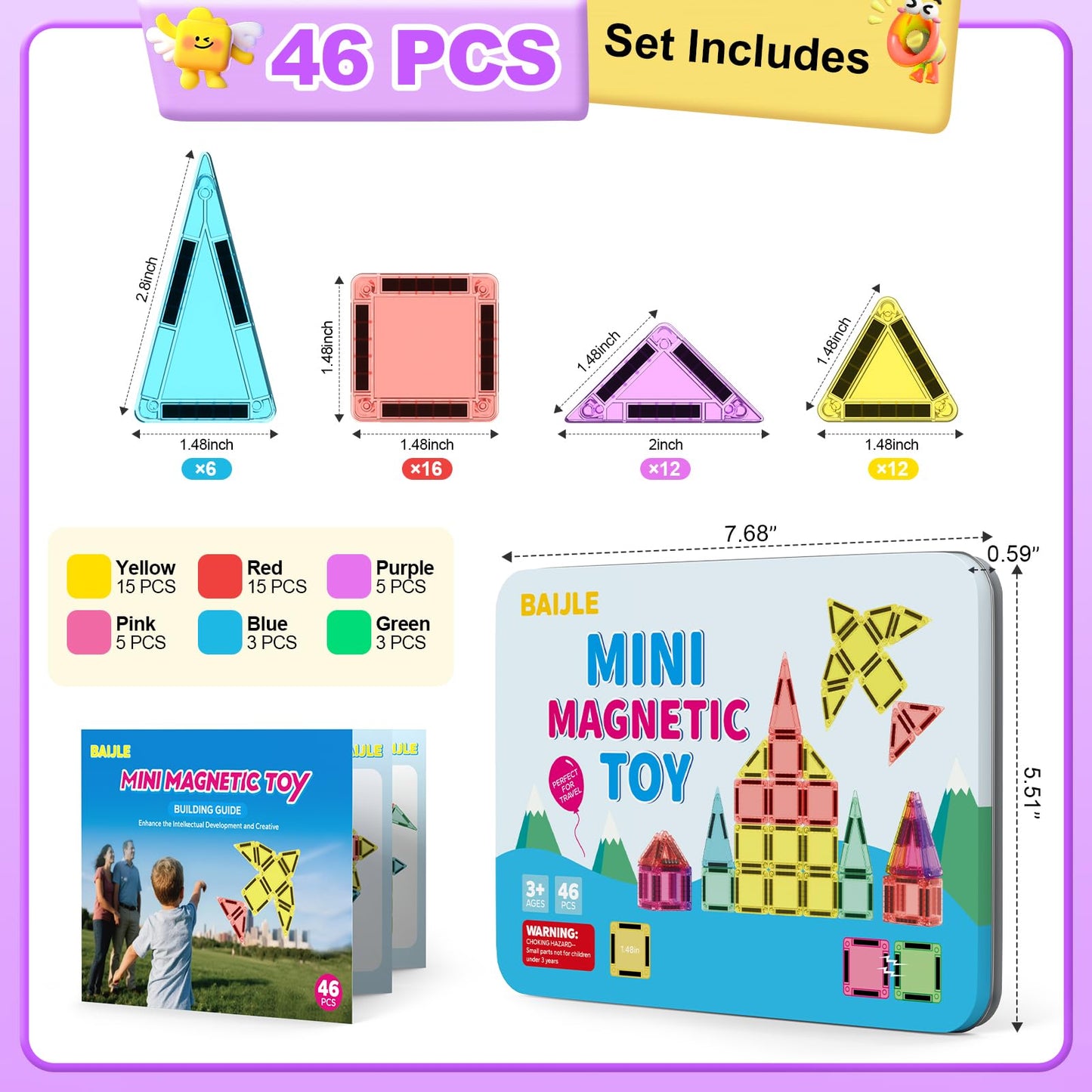 BAIJLE 46PCS Mini Magnetic Tiles – Portable Travel Set for Kids Aged 4-8 | Creative Building Toys