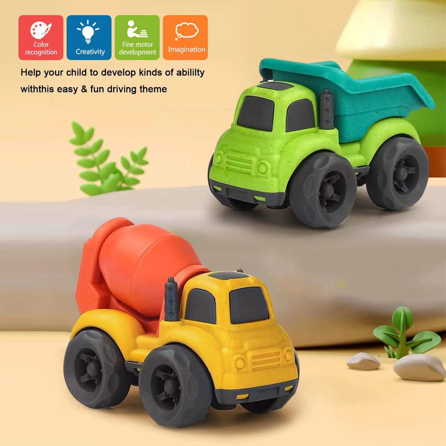 Baimiby Toddler Toy Cars – Dump Truck & Cement Mixer, BPA-Free Outdoor Toys for 1-3 Year Olds