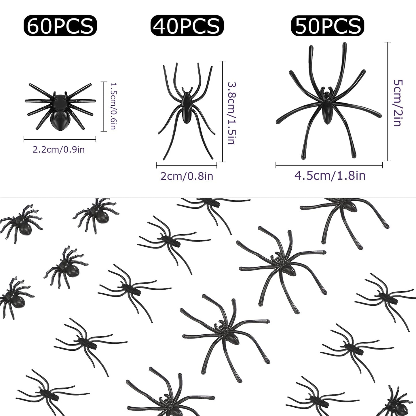 BAINFE 150Pcs Spider Set — Realistic 3 Sizes for Halloween Pranks & Decor