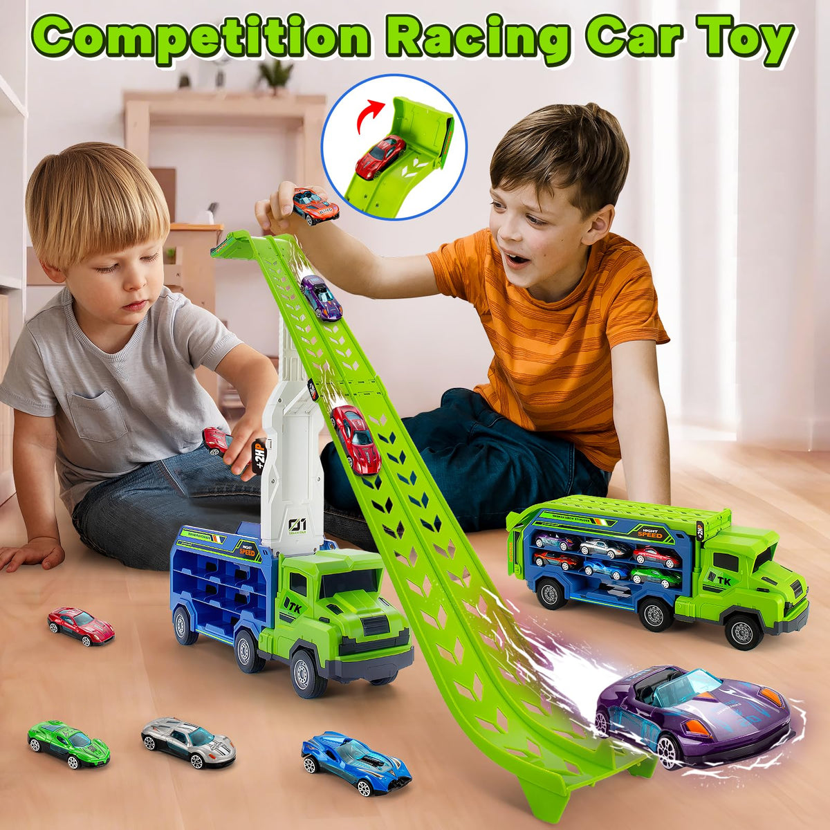 BainGesk Carrier Race Truck Set – Foldable 2-Layer Track, 27-Inch Raceway & 6 Metal Cars for Ages 3–6