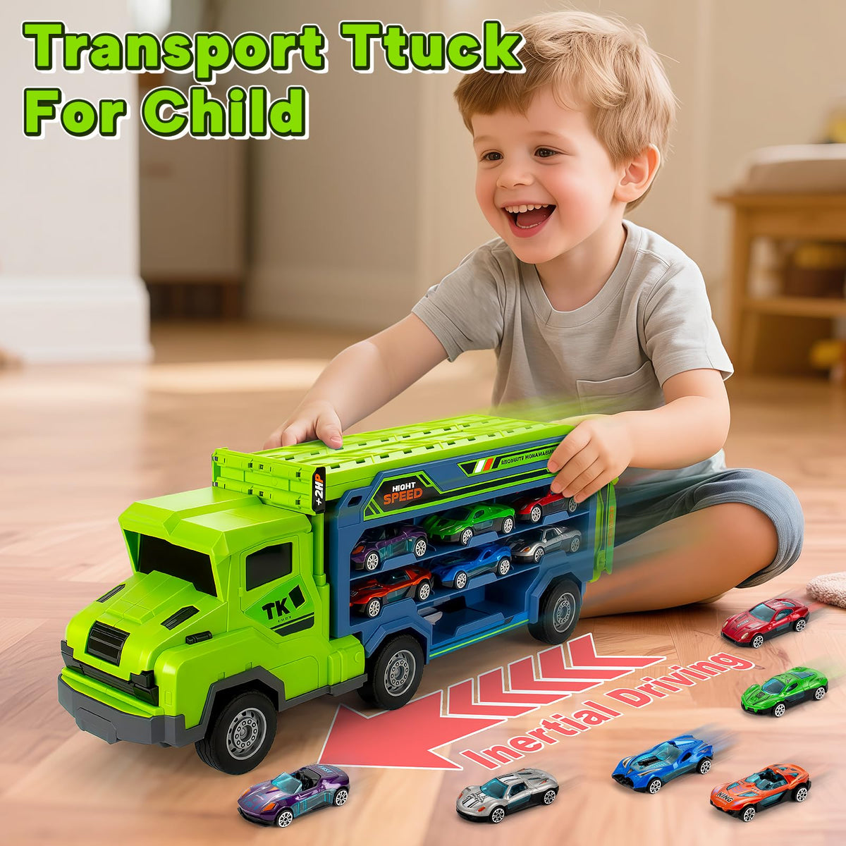BainGesk Carrier Race Truck Set – Foldable 2-Layer Track, 27-Inch Raceway & 6 Metal Cars for Ages 3–6