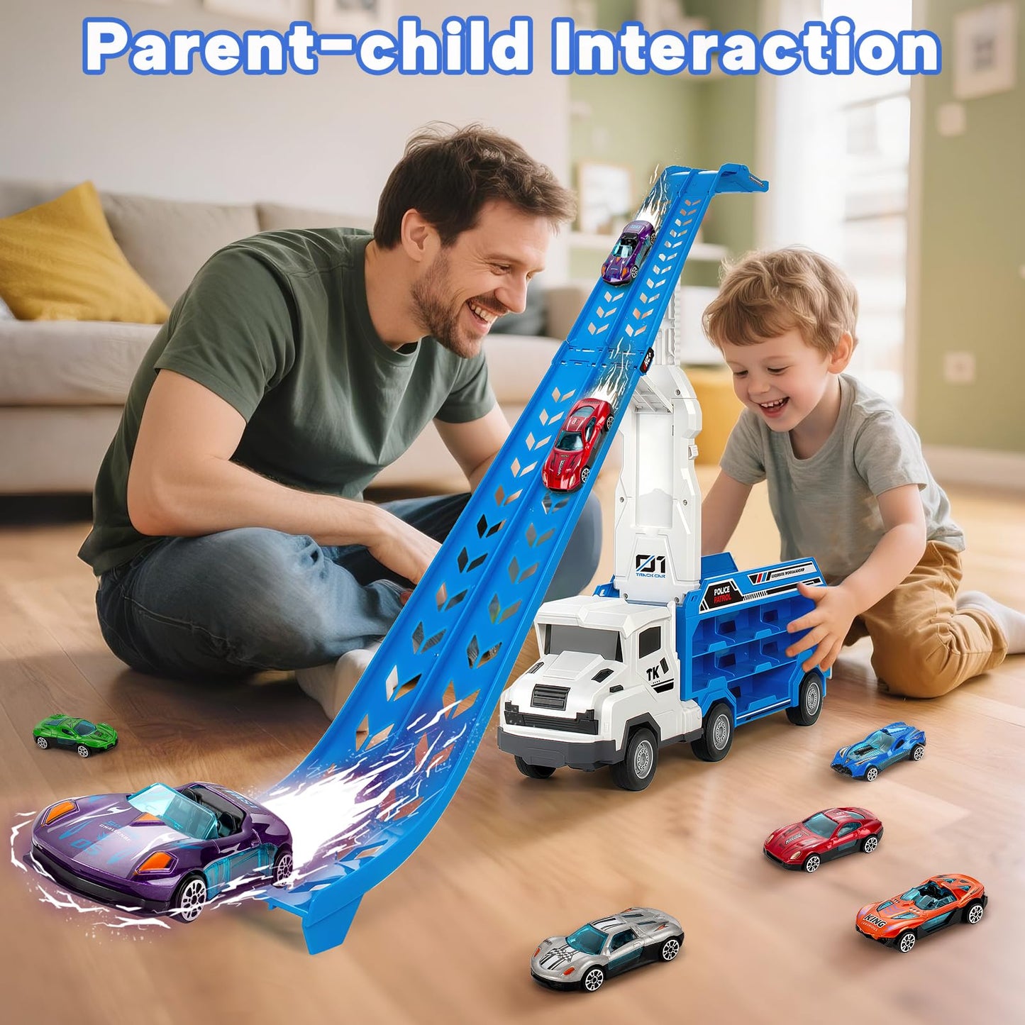 BainGesk Truck Race Track Toy Set – Foldable Carrier, 6 Metal Cars, 25-Inch Track | For Ages 3–8