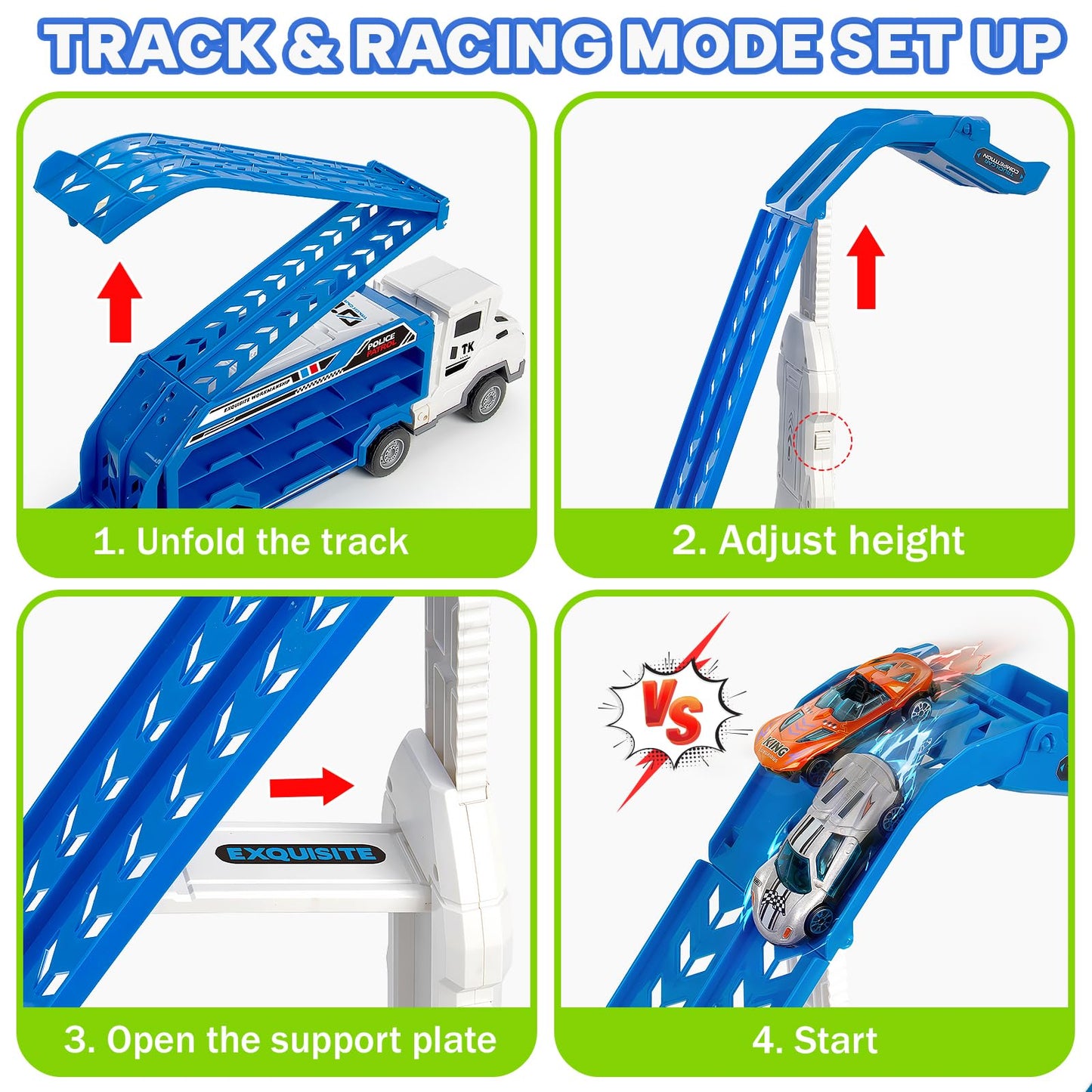 BainGesk Truck Race Track Toy Set – Foldable Carrier, 6 Metal Cars, 25-Inch Track | For Ages 3–8