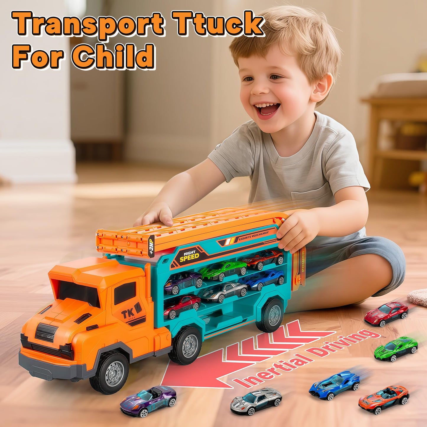 BainGesk Carrier Truck Toys – 2.8-Ft Race Track with 6 Die-Cast Cars for Ages 3–6