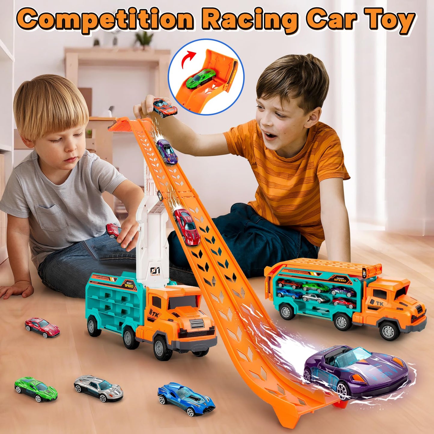 BainGesk Carrier Truck Toys – 2.8-Ft Race Track with 6 Die-Cast Cars for Ages 3–6