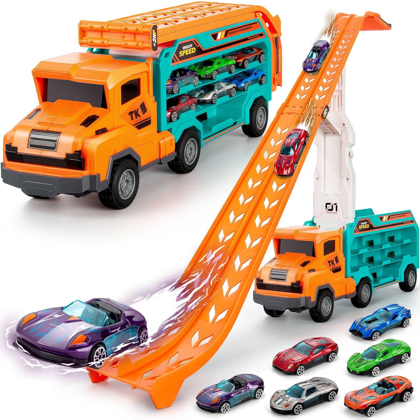 BainGesk Carrier Truck Toys – 2.8-Ft Race Track with 6 Die-Cast Cars for Ages 3–6